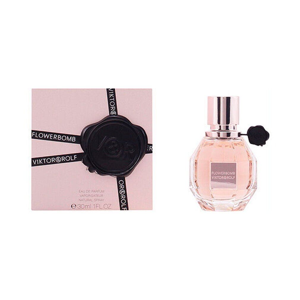 Flowerbomb-Parfümflakon von Viktor & Rolf und rosa Verpackung. Text: Flowerbomb L'Eau de Parfum, 30ml 1FL.OZ.