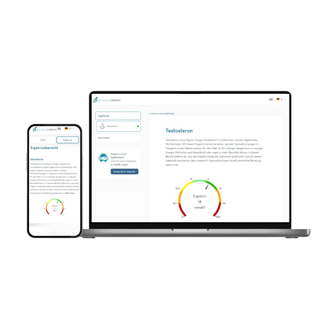 Laptop und Smartphone mit Testergebnissen. Auf dem Laptop: Testosteron-Informationen und Diagramm. Auf dem Smartphone: Testergebnis.
