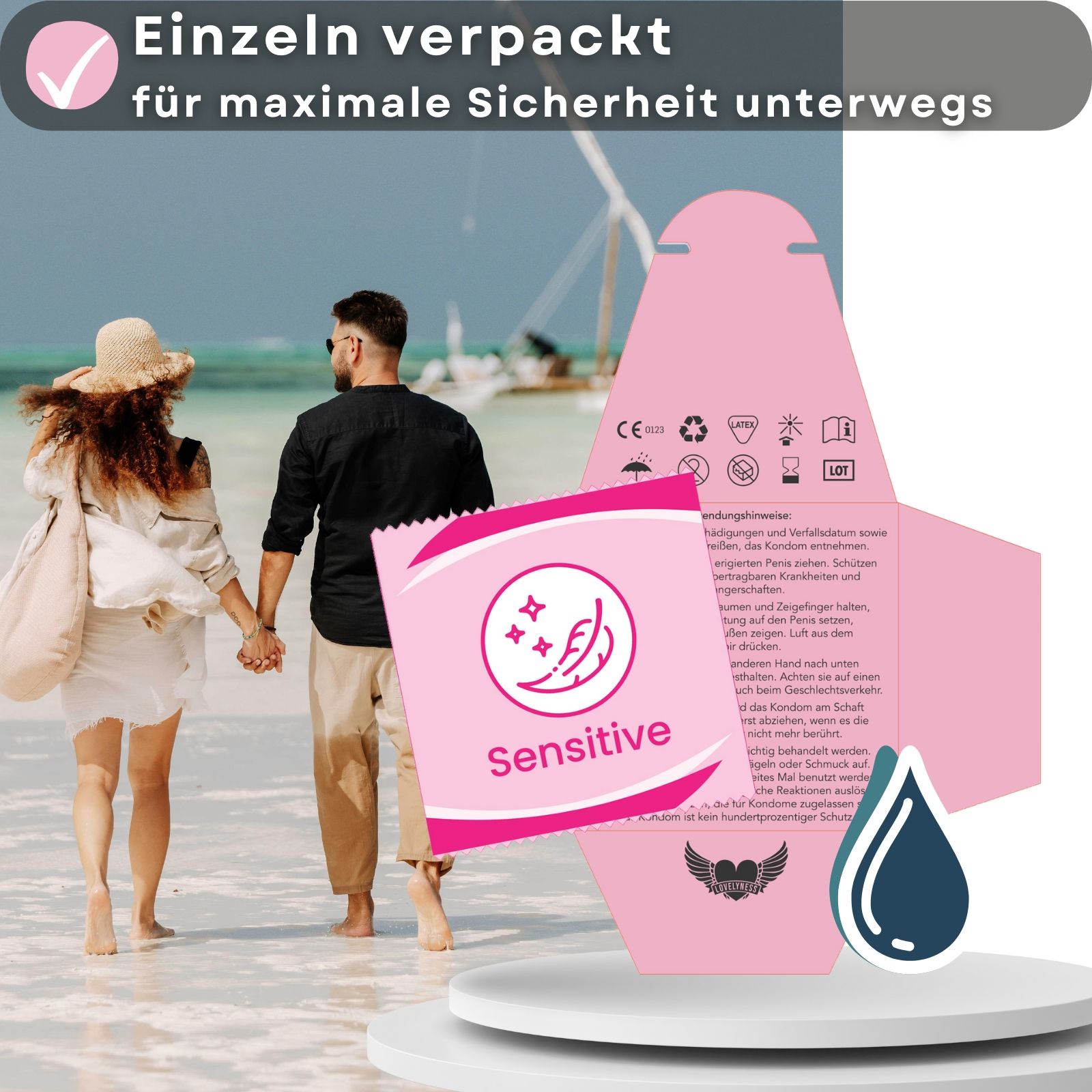 Kondom und Verpackung. Text: "Einzeln verpackt".