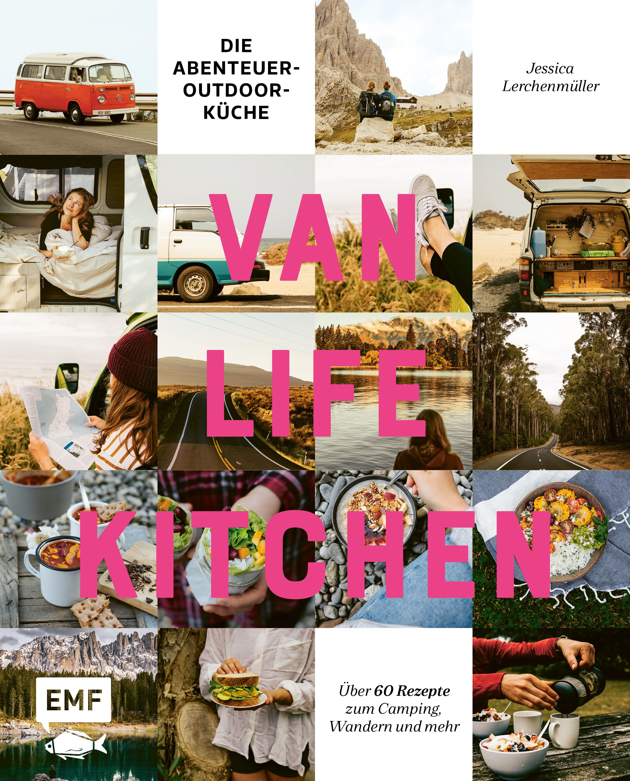 Buchcover mit Collage-Design. Titel: Van Life Kitchen – Die Abenteuer-Outdoor-Küche. Autorin: Jessica Lerchenmüller. Mit Rezepten für Camping.