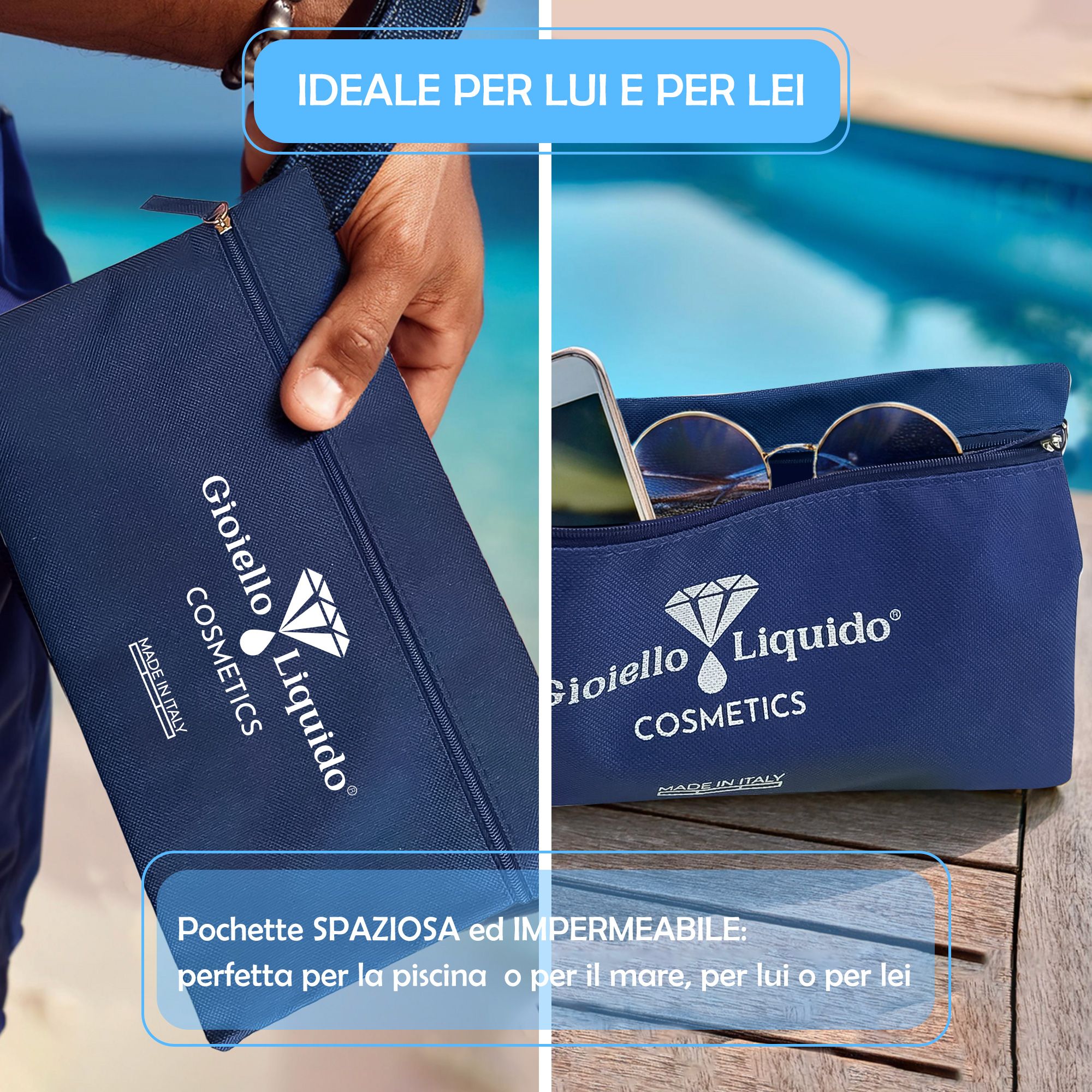 Pochette blu con zip. Testo: Gioiello Liquido Cosmetics. Ideale per lui e per lei. Spaziosa e impermeabile.