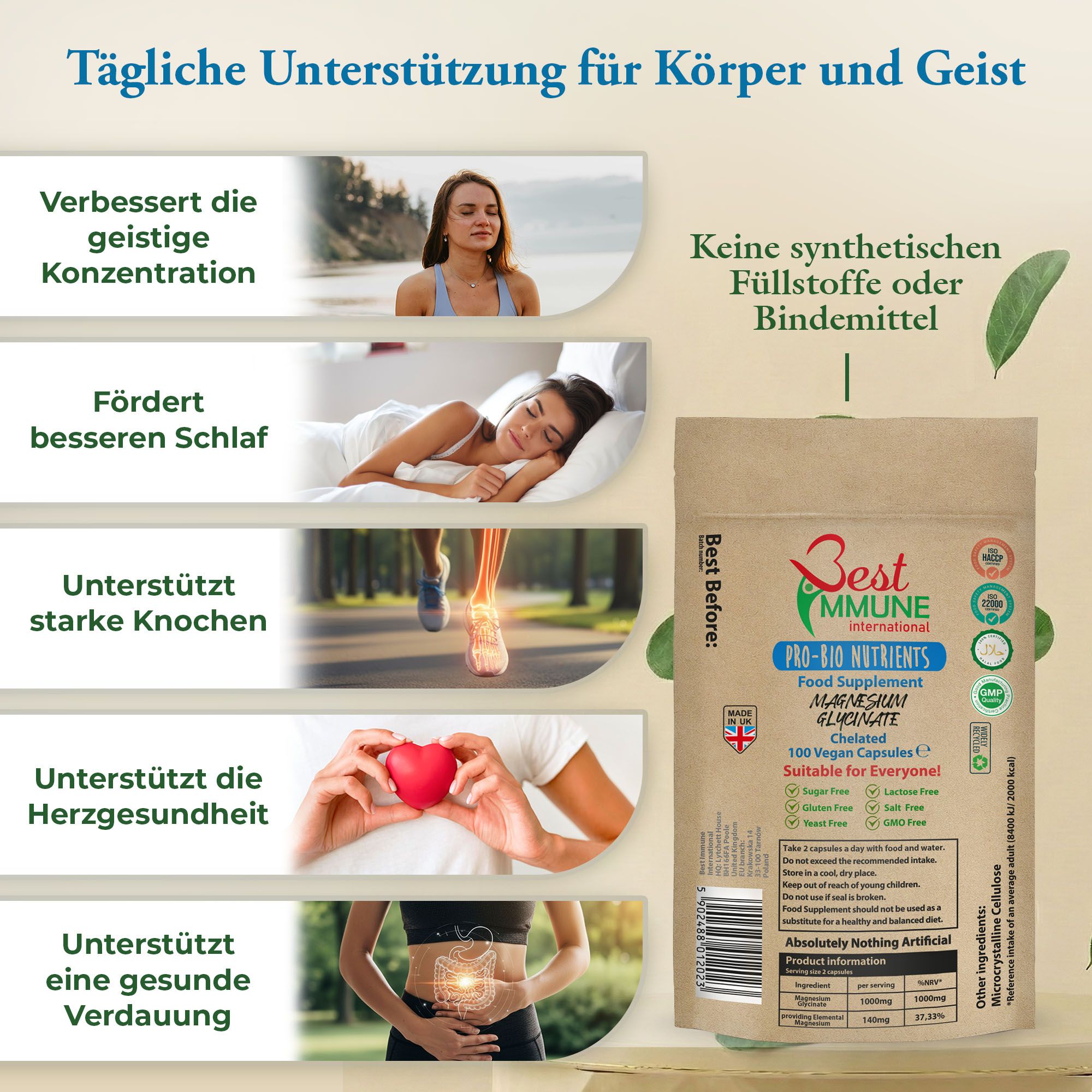 Grafik zeigt Vorteile von Magnesium: Konzentration, Schlaf, Knochen, Herz, Verdauung. Keine Füllstoffe.