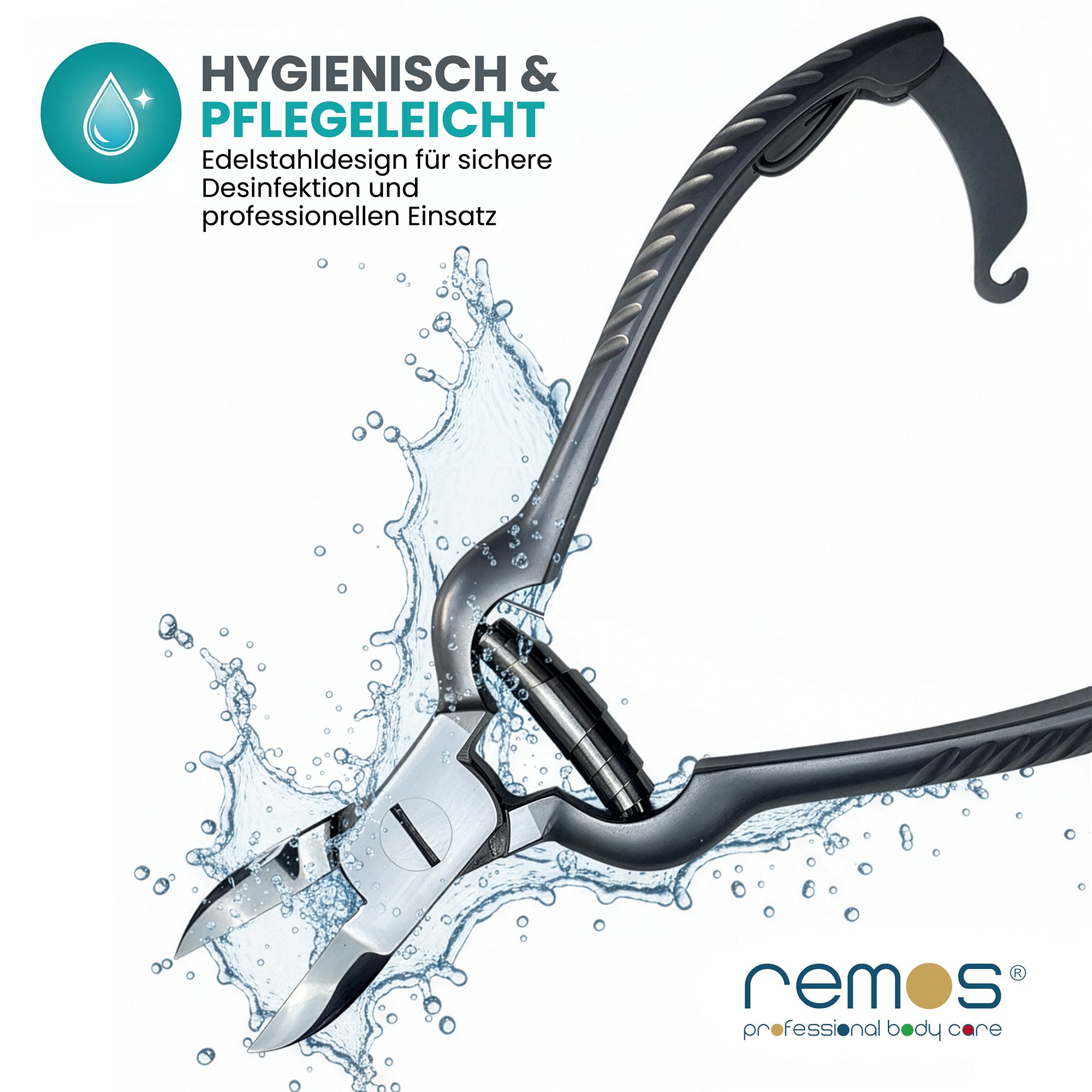 Nagelzange aus Edelstahl mit ergonomischen Griffen, umgeben von Wasserspritzern.