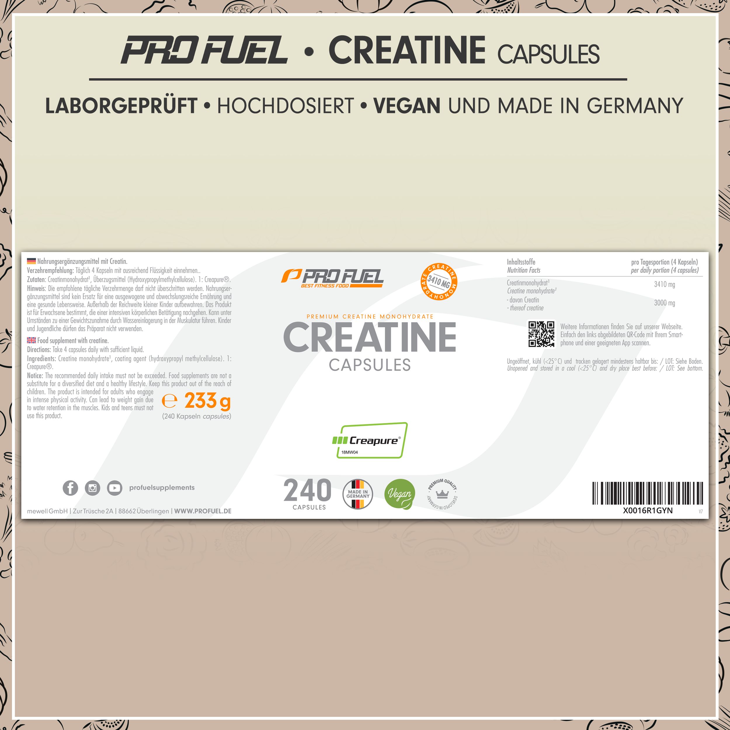 Etikett mit Text: CREATINE CAPSULES, 240 Kapseln, 235g, vegan, Creapure®.