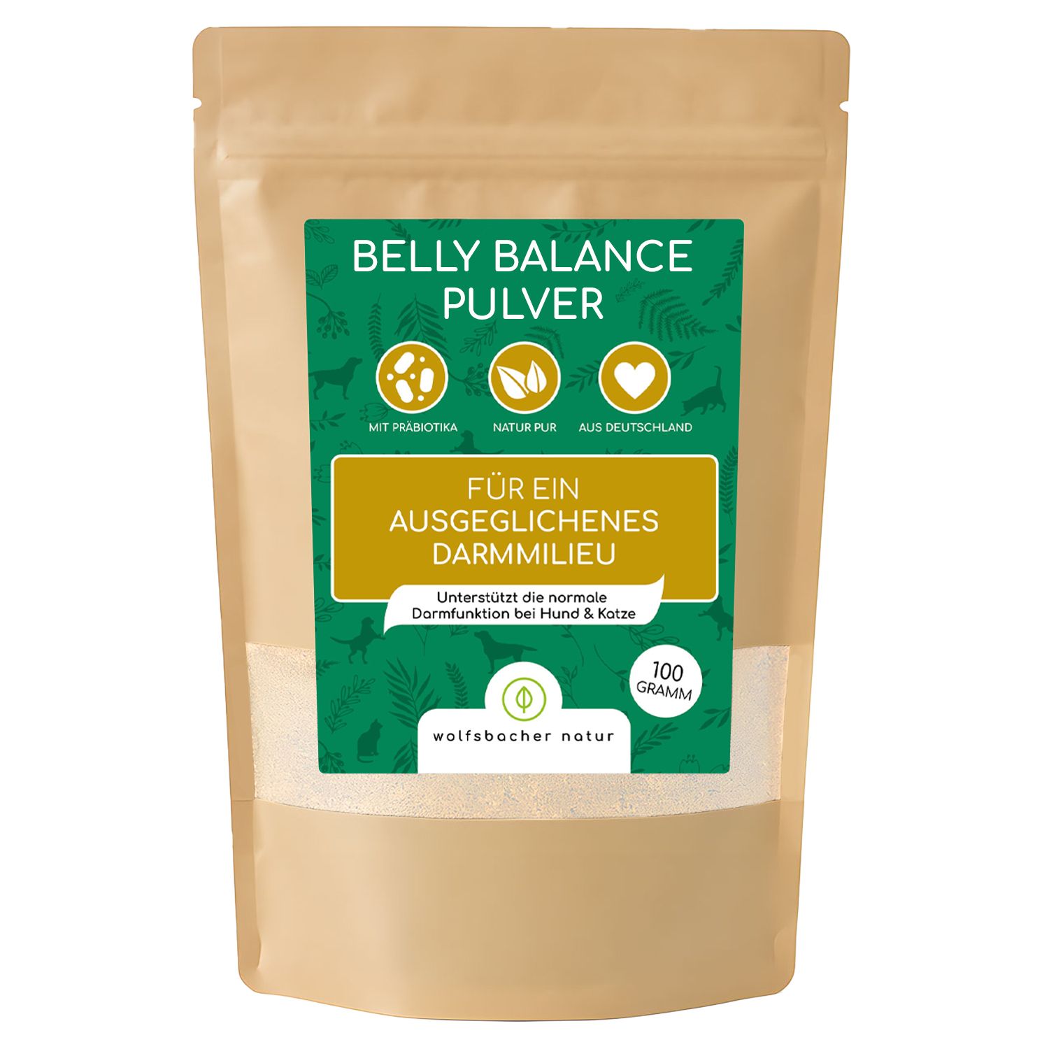Beutel mit grünem Etikett. Aufschrift: BELLY BALANCE PULVER, Für ein ausgeglichenes Darmmilieu. 100 Gramm.