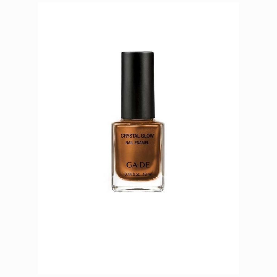 Nagellackflasche mit brauner Farbe. Schwarzer Deckel. Aufschrift: Crystal Glow Nail Enamel, GA-DE.