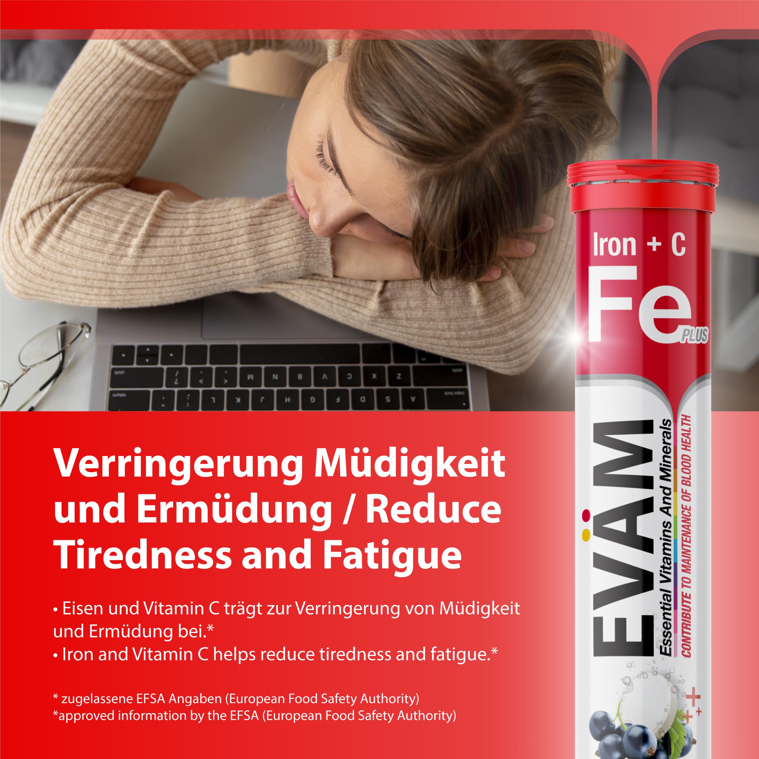 Produktverpackung neben einer Person, die sich auf einem Laptop ausruht. Text über Müdigkeit und Ermüdung.