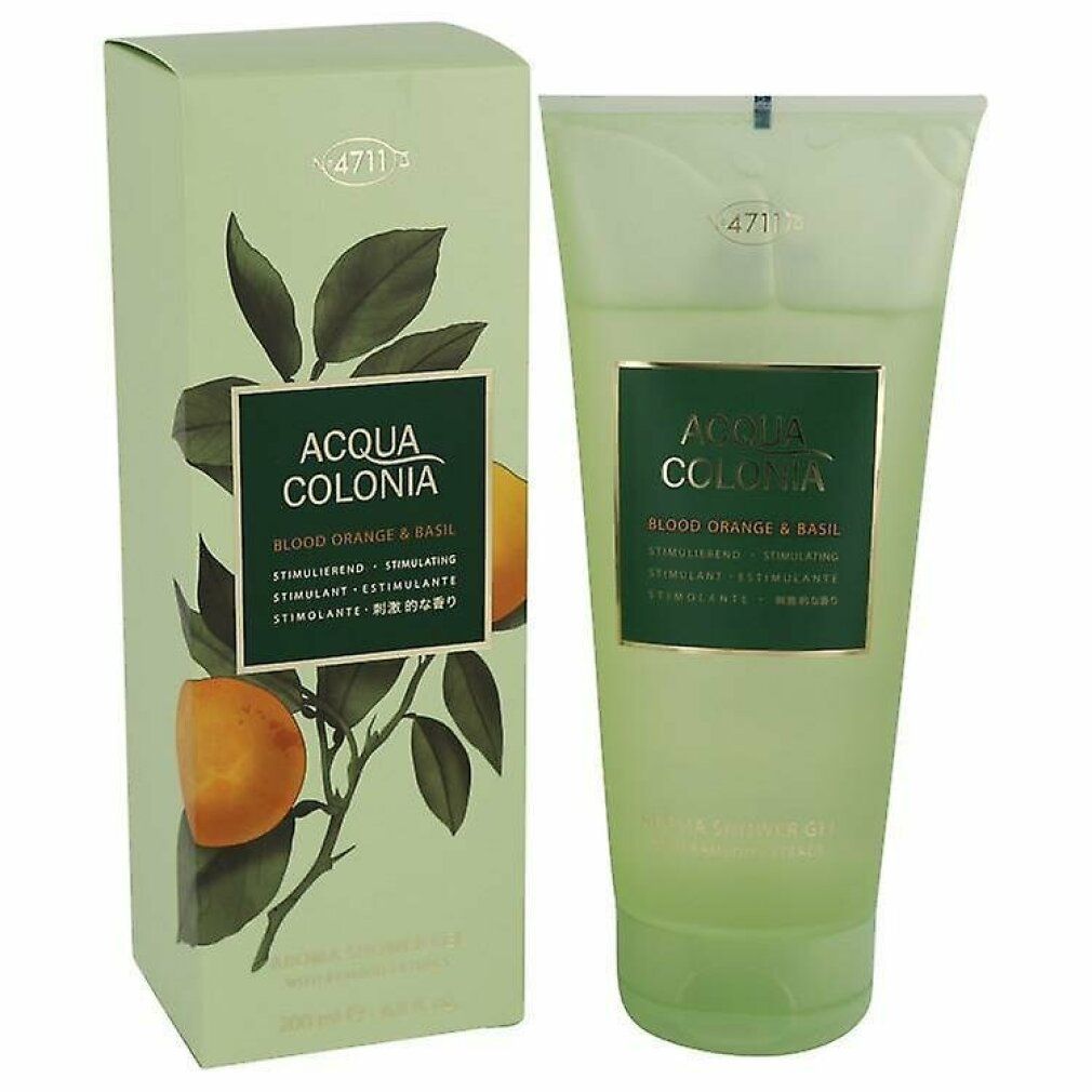 Grüne Tube und Schachtel. Aufschrift: Acqua Colonia, Blood Orange & Basil, Aroma Shower Gel. Abbildung Orange.