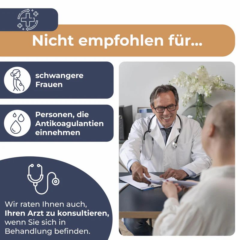 Ein Arzt spricht mit einem Patienten. Grafiken zeigen: Nicht empfohlen für Schwangere und Personen, die Antikoagulanzien einnehmen.