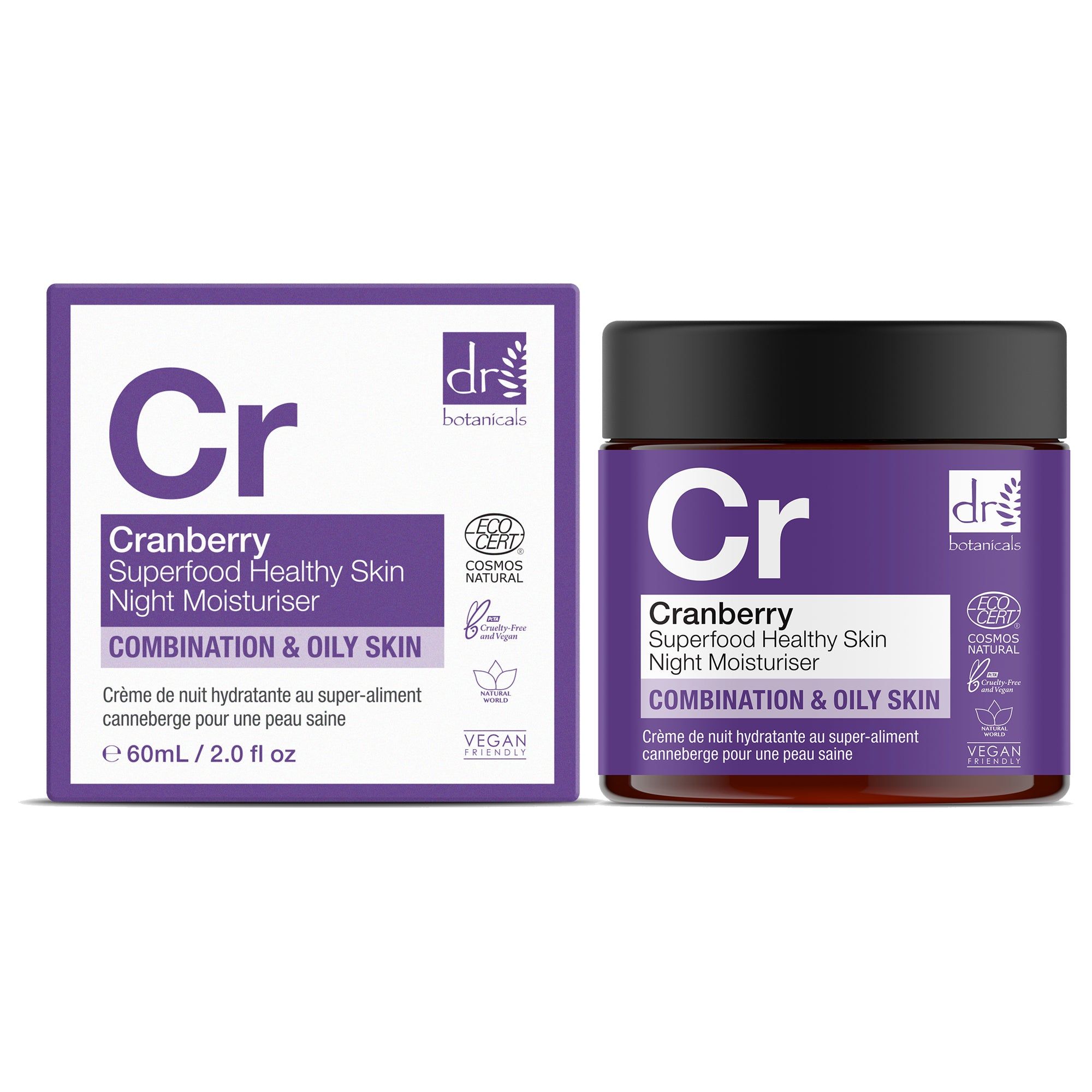 Produktverpackung und Tiegel. Aufschrift: Cranberry Superfood Healthy Skin Night Moisturiser. Marke: Dr Botanicals. Verpackung: Lila.