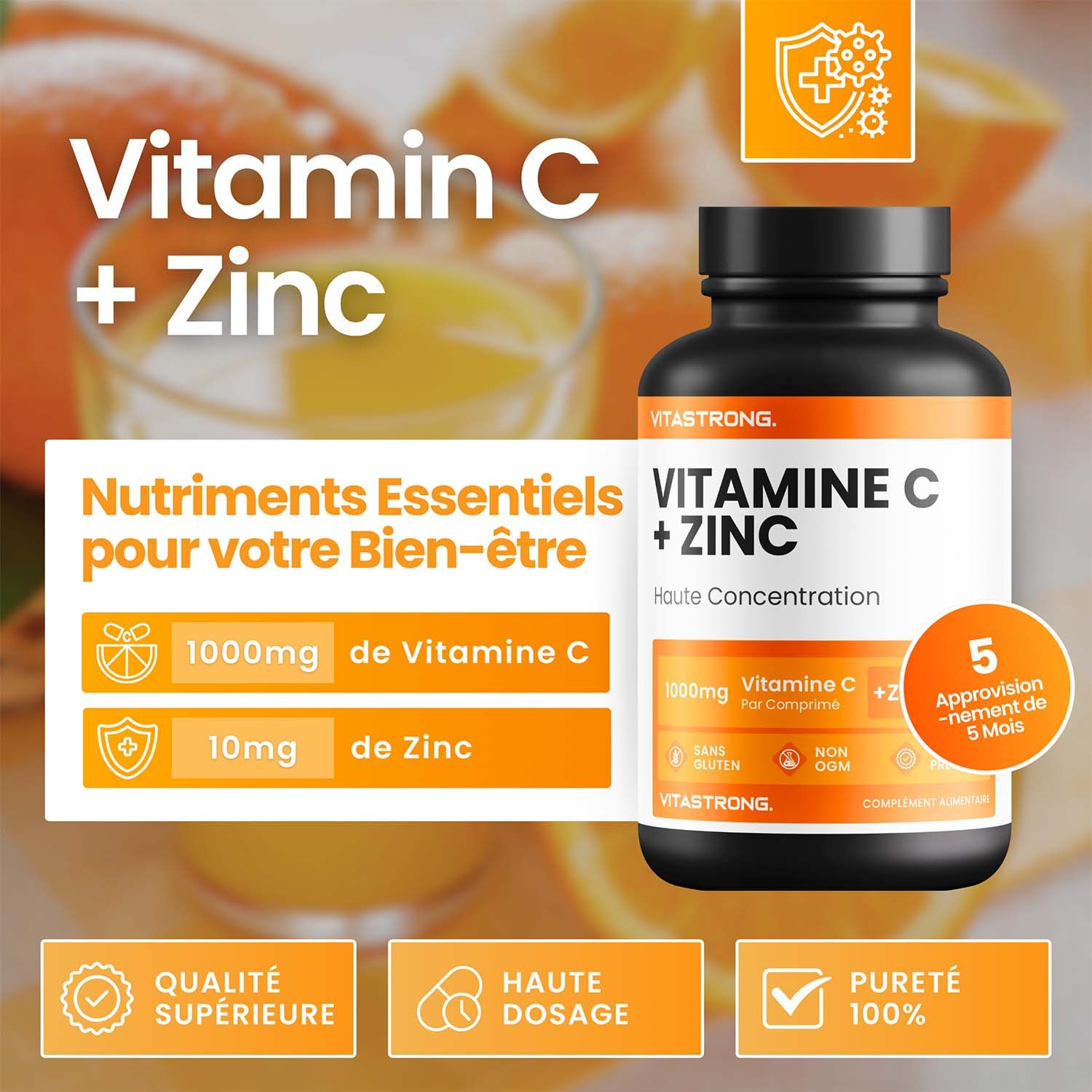 Vitastrong Vitamine C + Zinc. Bouteille et texte : Vitamine C + Zinc, 1000mg Vitamine C, 10mg Zinc. 5 mois d'approvisionnement. Qualité supérieure.