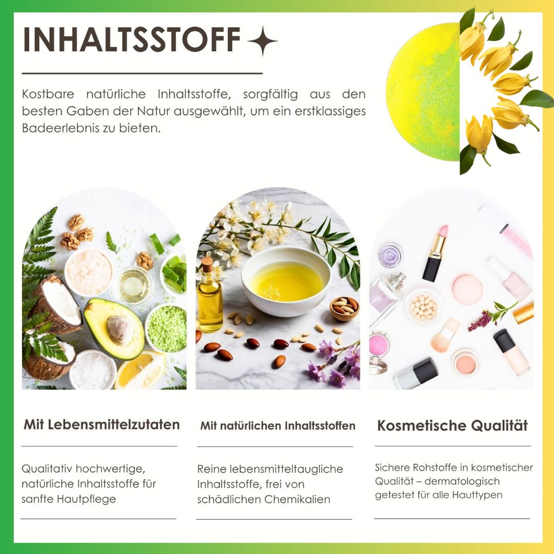Inhaltsstoffe. Text: Kostbare natürliche Inhaltsstoffe. Bilder: Lebensmittelzutaten, natürliche Inhaltsstoffe, kosmetische Qualität.