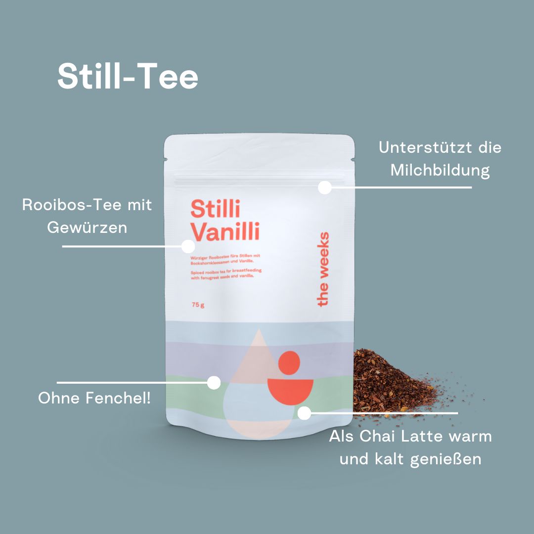 Beutel "Stilli Vanilli" mit Text und Logo "the weeks". Daneben Haufen Kräutertee. Text-Annotationen.