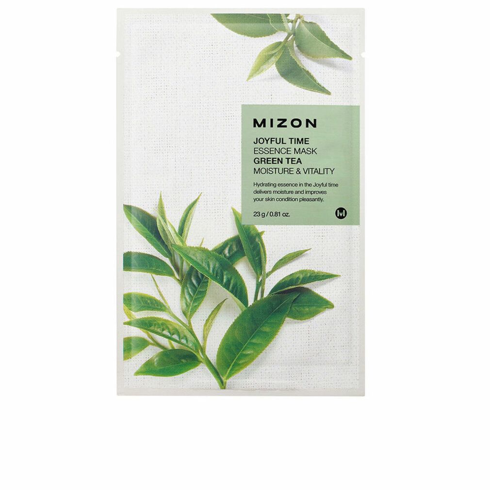 Verpackung der MIZON Joyful Time Essence Mask Green Tea. Mit Blättern.