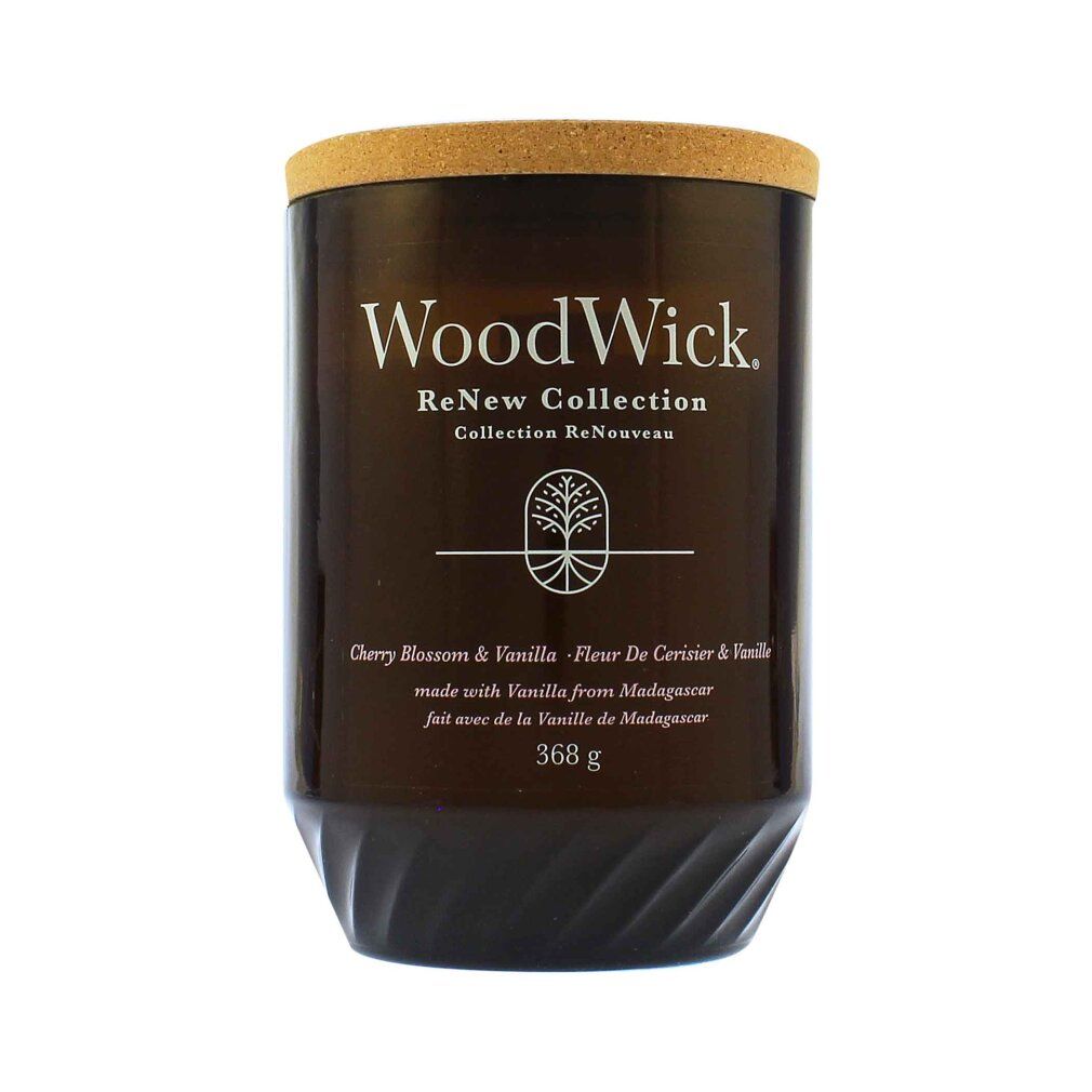 Braunes Glas mit Korkdeckel. Aufschrift: WoodWick, ReNew Collection, Cherry Blossom & Vanilla, 368 g.