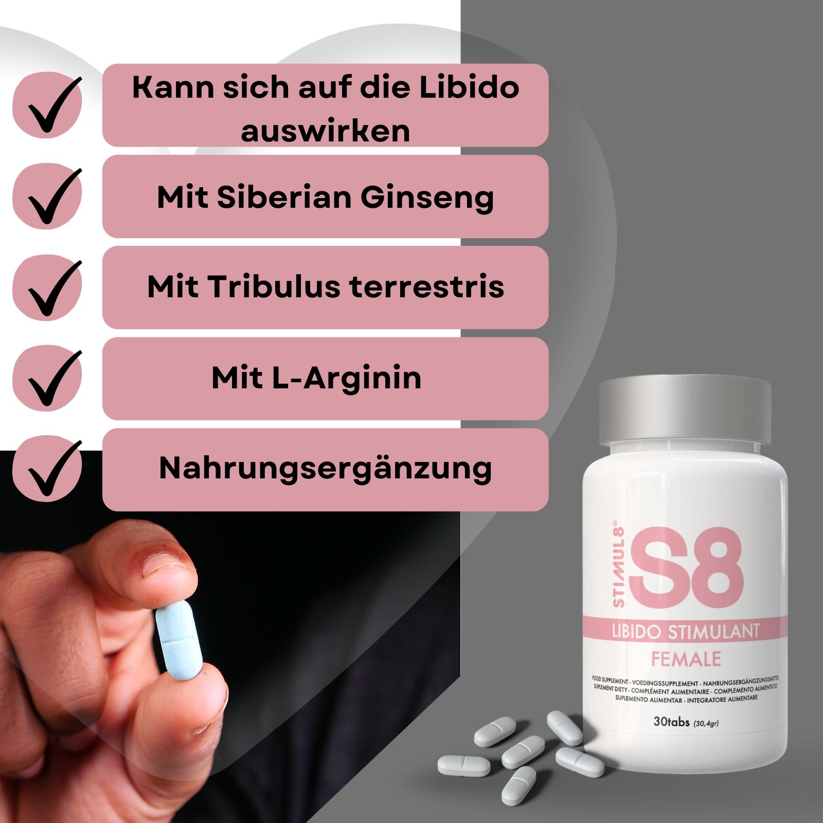 Produktflasche S8 neben Checklisten. Eine Tablette wird von einer Hand gehalten. Enthält Siberian Ginseng und L-Arginin.