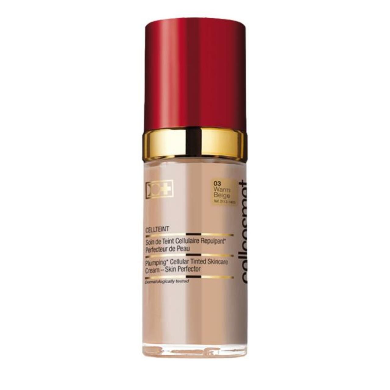 Cellcosmet CellTeint, Farbton 03 Warm Beige. Flakon mit rotem Deckel und goldfarbenem Ring.