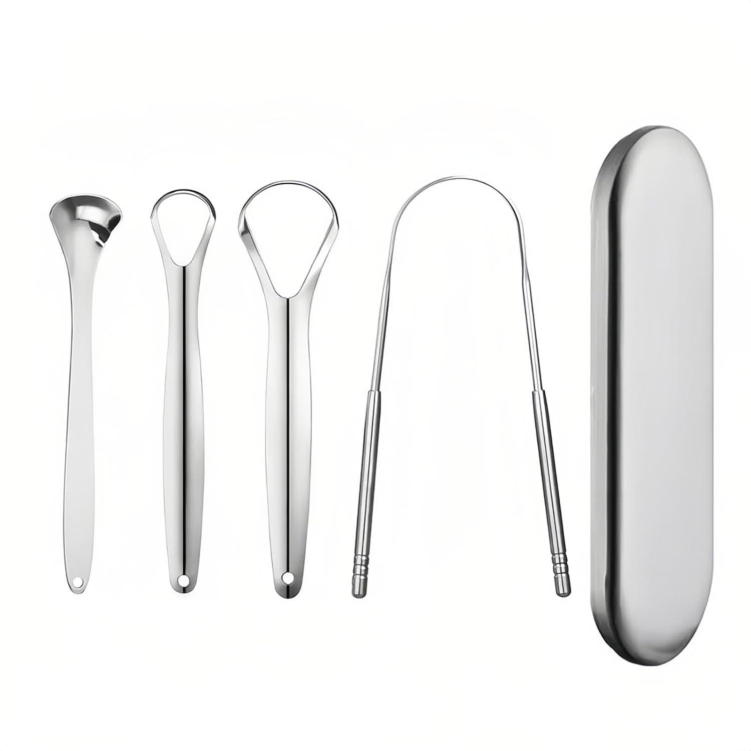 Set mit vier Zungenschabern und einer Aufbewahrungsbox aus Metall.