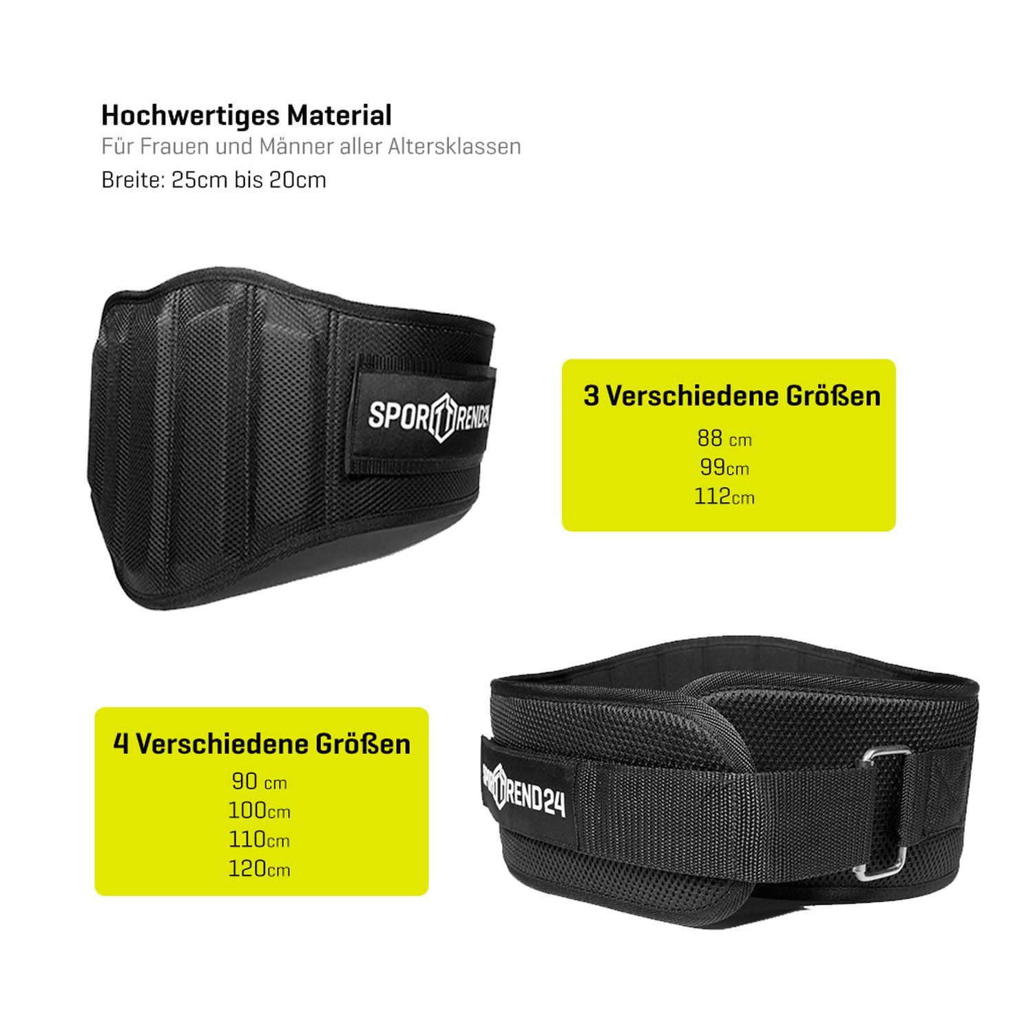 Schwarzer Gewichthebergürtel mit Größenangaben. Text: 3 Größen, 4 Größen, Sporttrend24.