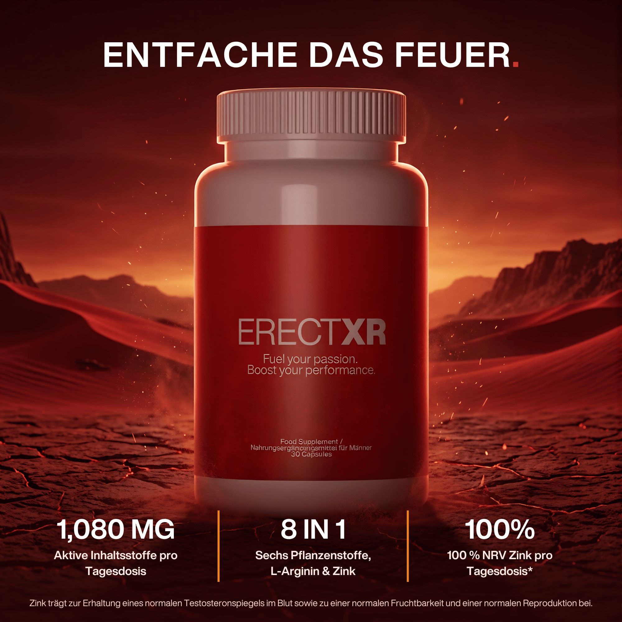Weiße Pillendose mit rotem Etikett und der Aufschrift ERECTXR. Hintergrund: Wüstenlandschaft.