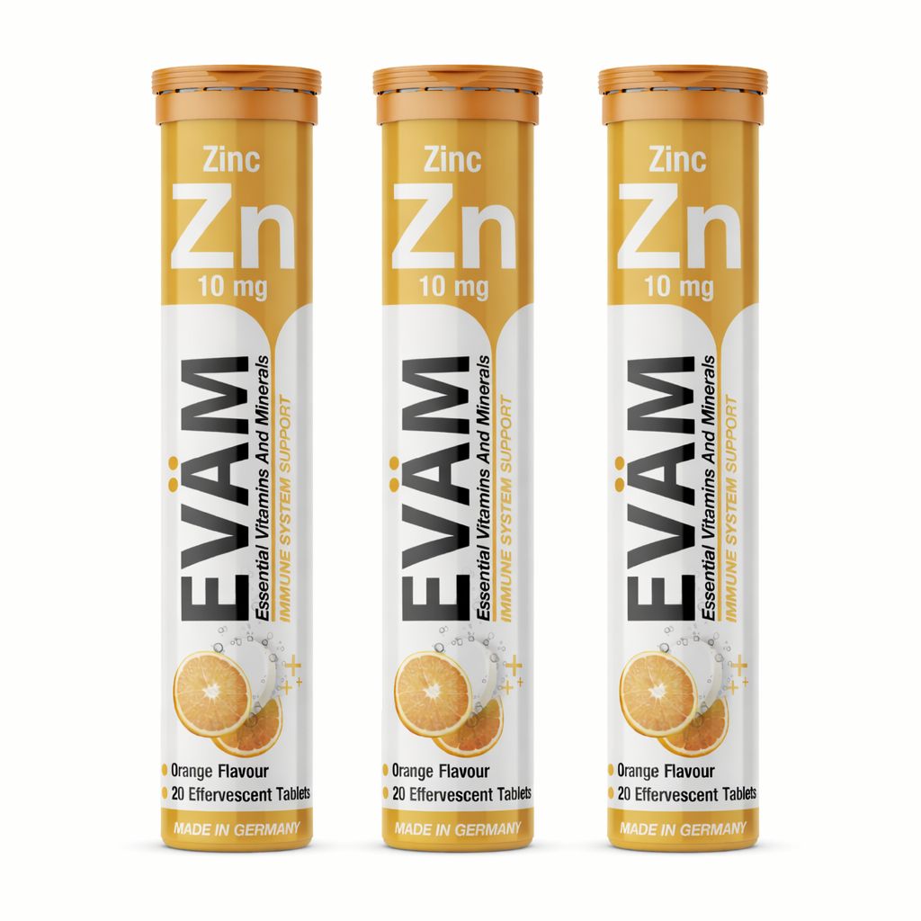 Eväm Zink Brausetabletten, Vegan & Zuckerfrei - 3er Pack 60 St Brausetabletten