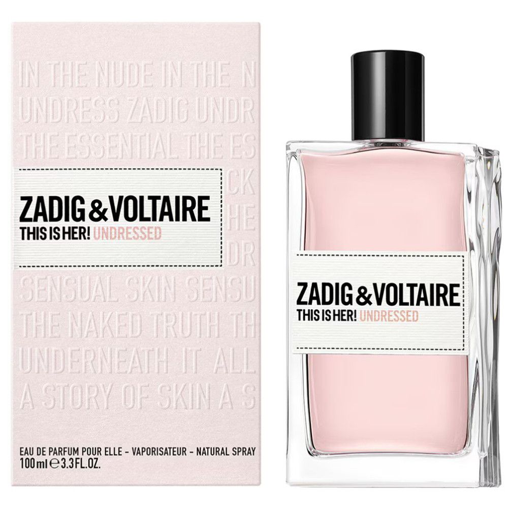 Zadig & Voltaire This Is Her! Undressed Eau de Parfum. Flakon mit rosa Flüssigkeit und schwarzem Verschluss. Verpackung.
