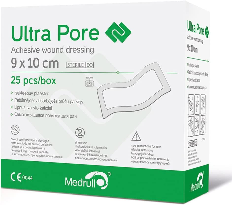 Verpackung von Ultra Pore Wundpflaster. Enthält 25 Stück. Größe 9x10 cm. Mit CE-Kennzeichnung und Steril-Hinweis.