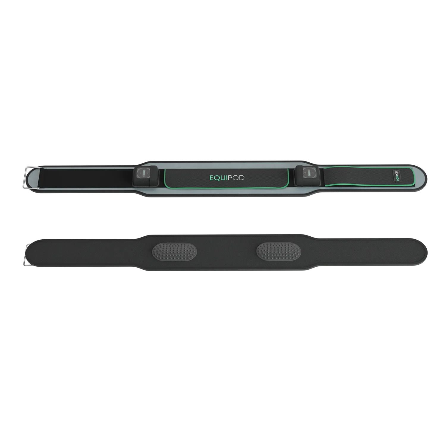 Zwei KorBands. Oben: Schwarz mit grünem Akzent und EQUIPOD-Schriftzug. Unten: Schwarzes Band mit zwei gepolsterten Bereichen.