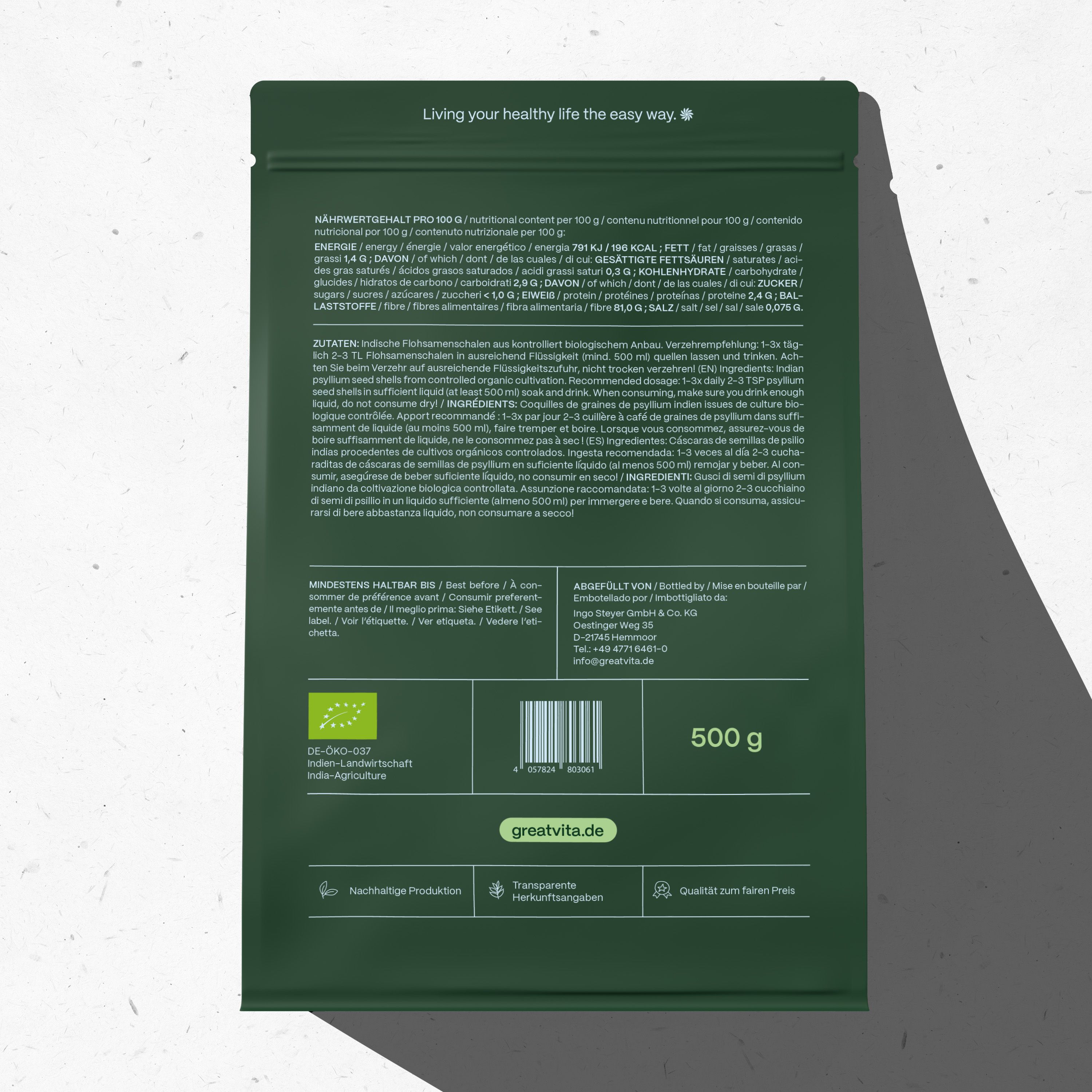 Grüne Verpackung mit Produktinformationen und dem Logo von GreatVita. Enthält Angaben zu Inhaltsstoffen und Nährwerten sowie das Bio-Siegel.