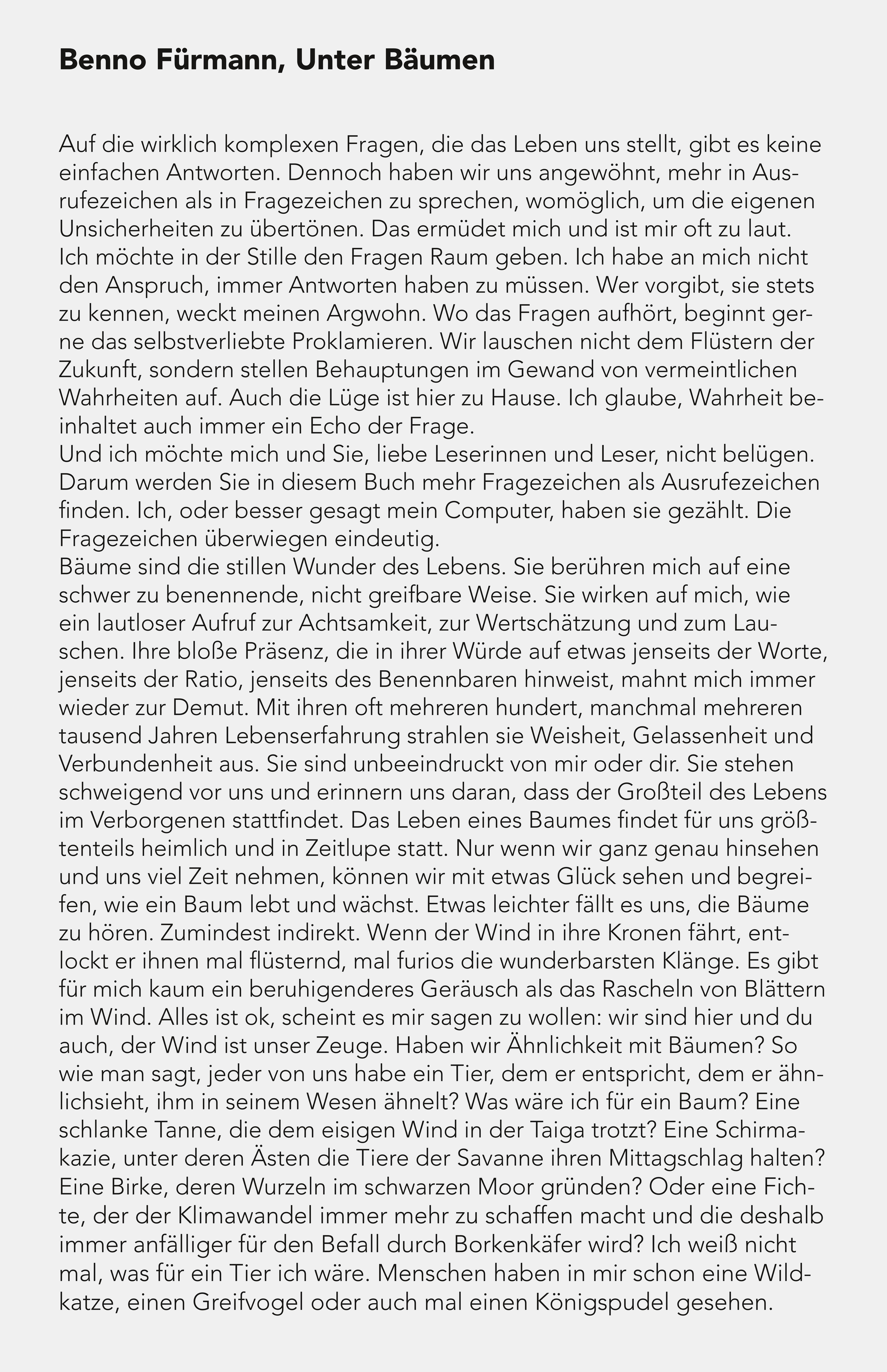 Buchseite mit Text. Fließtext in deutscher Sprache. Überschrift: "Benno Fürmann, Unter Bäumen".