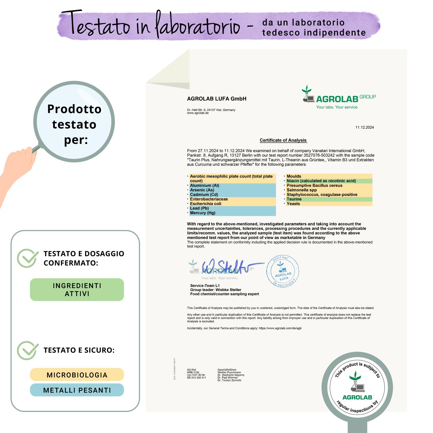 Certificato di Agrolab. Prodotto testato per: Ingredienti, microbiologia, metalli pesanti. Dosaggio confermato.