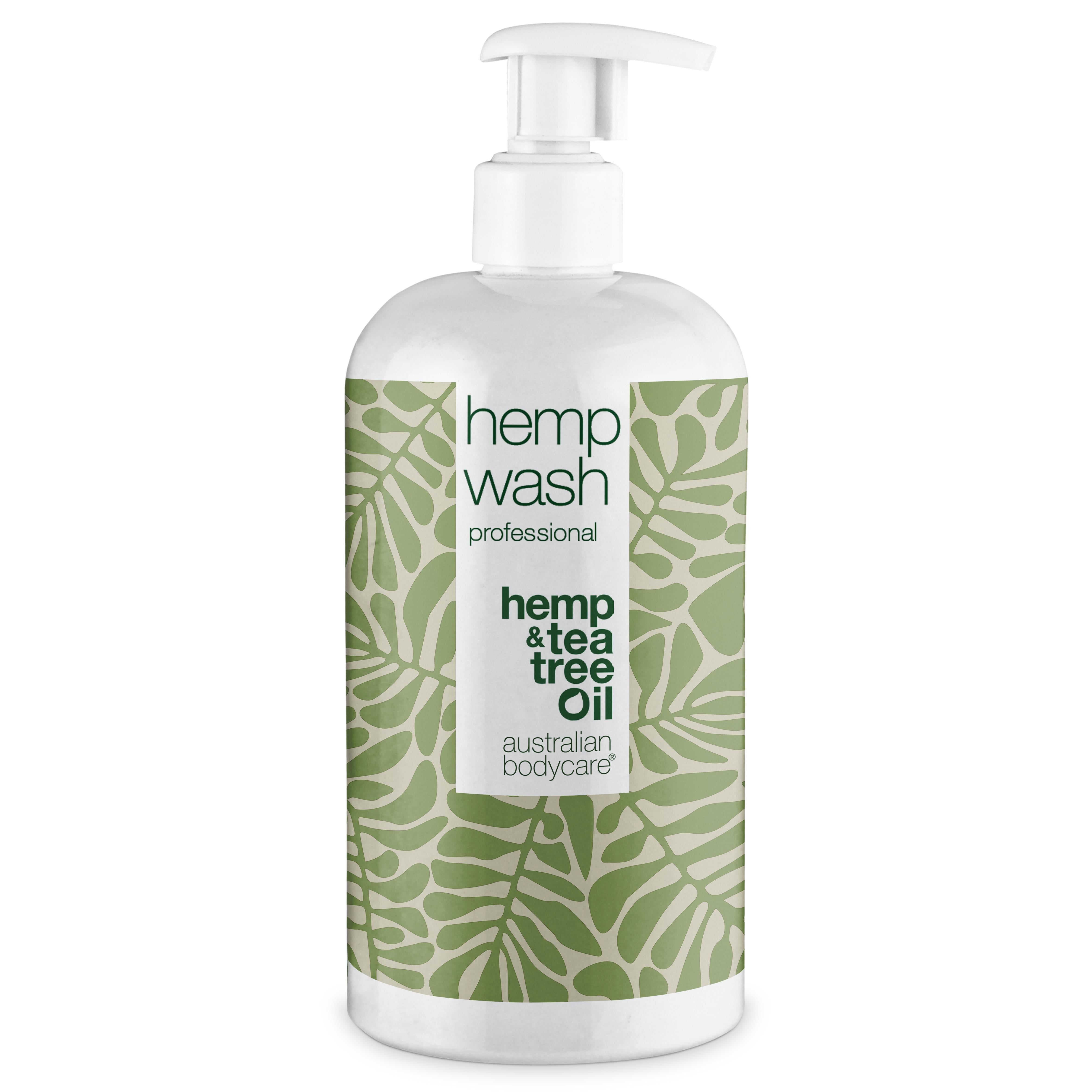 Witte dispenser met groen bladpatroon. Tekst: hemp wash professional, hemp & tea tree Oil, Australian Bodycare.