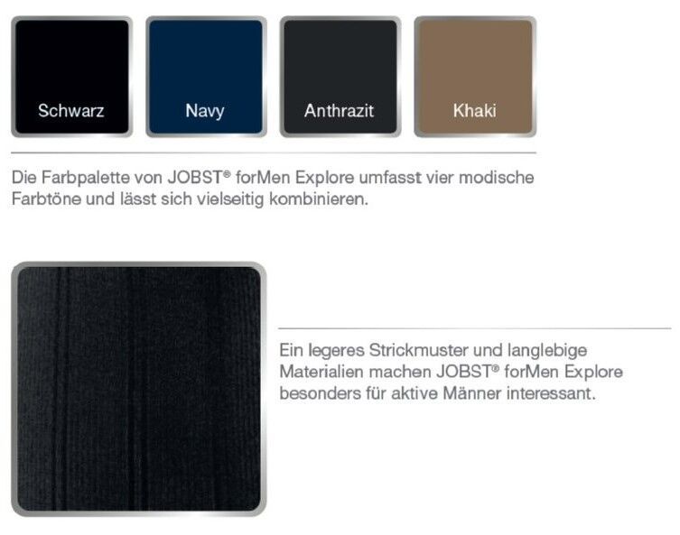 Farbpalette JOBST forMen Explore: Schwarz, Navy, Anthrazit, Khaki. Texturbeispiel. Strickmuster.