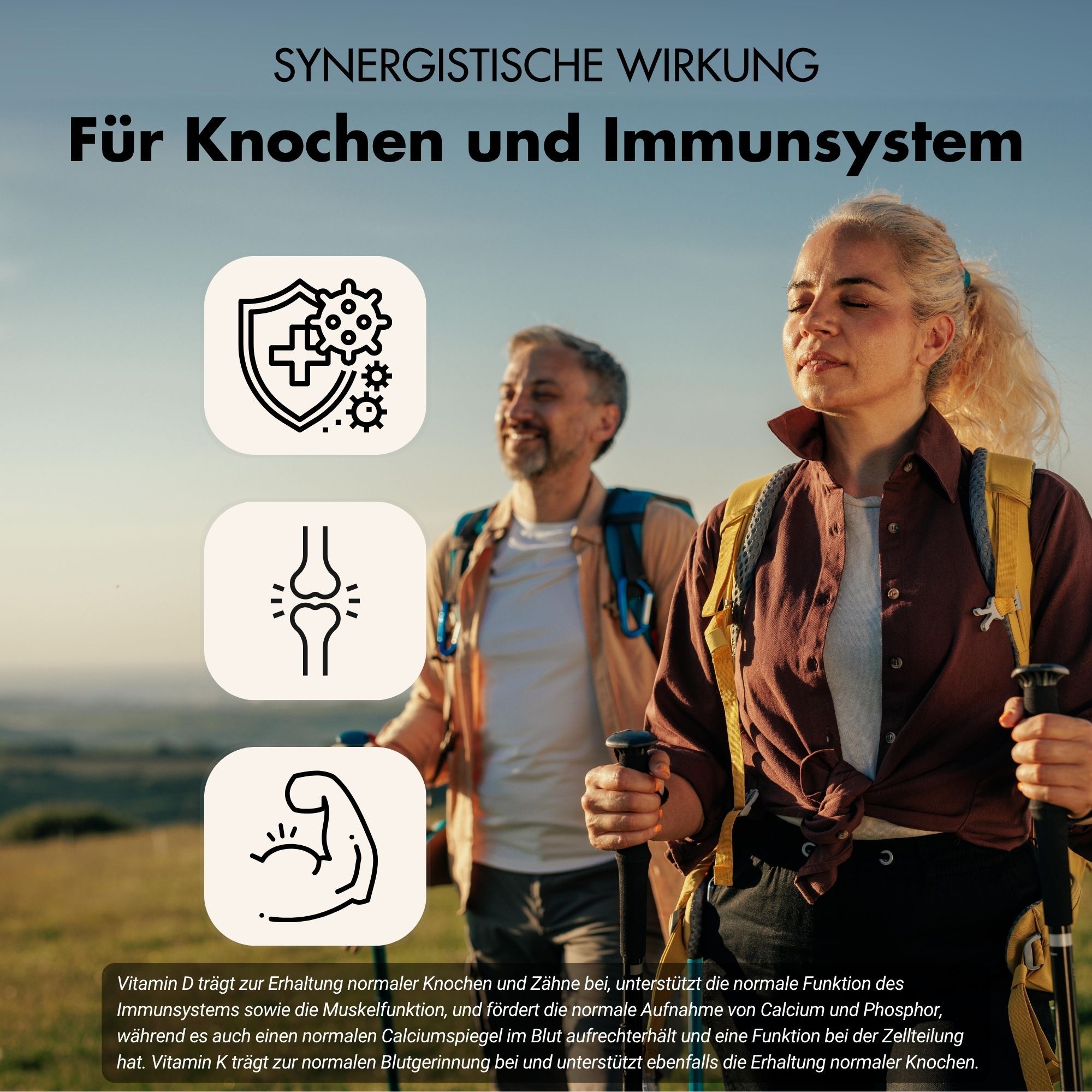 Zwei Personen wandern. Symbole: Schild, Knochen, Muskel. Text: Für Knochen und Immunsystem. Vitamin D3 + K2.