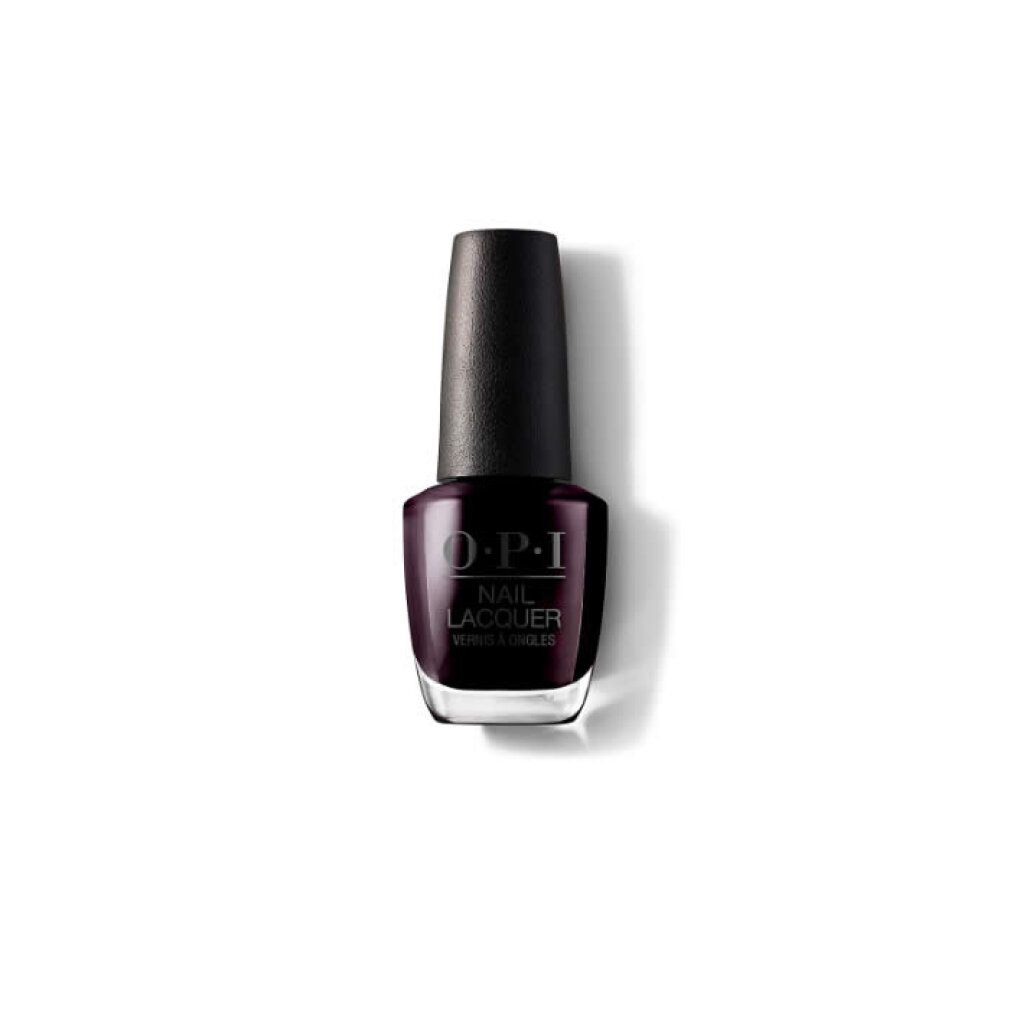 Dunkelvioletter Nagellackflakon mit schwarzem Deckel. O.P.I. Nail Lacquer-Etikett.