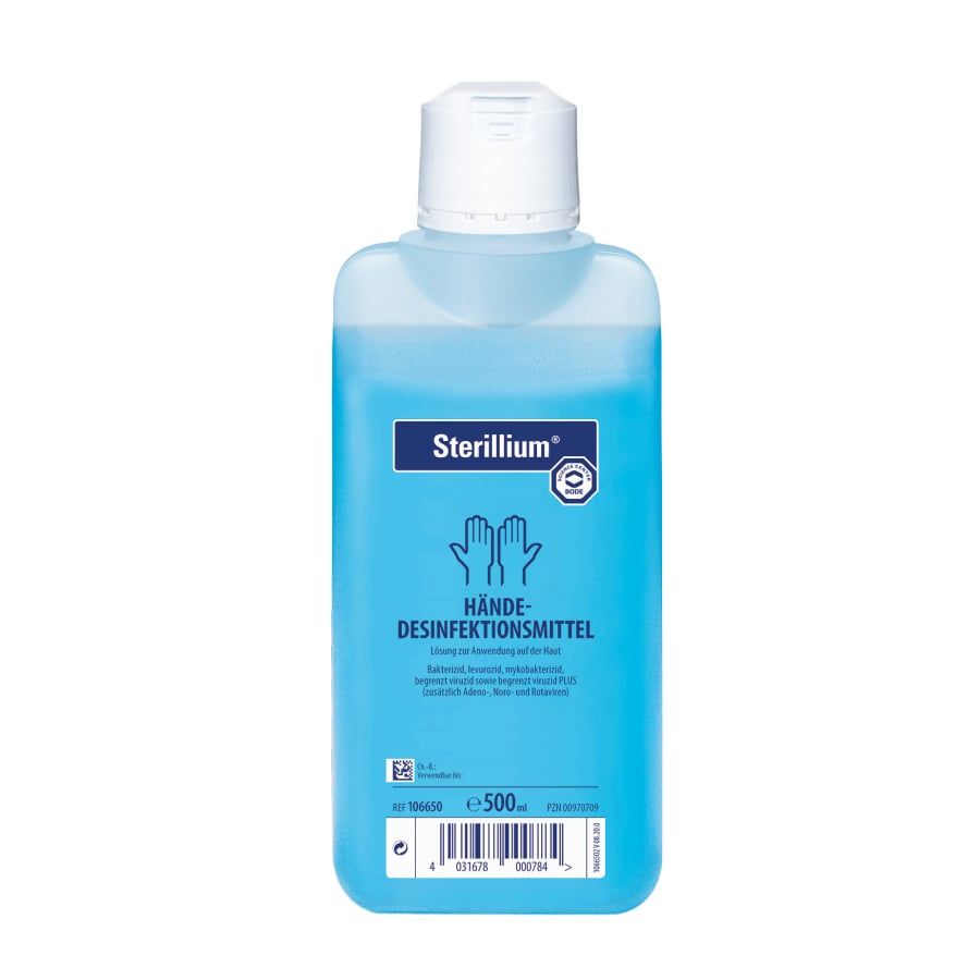 Sterillium Hände-Desinfektionsmittel Flasche, 500ml. Blaue Flüssigkeit mit weißem Klappdeckel.