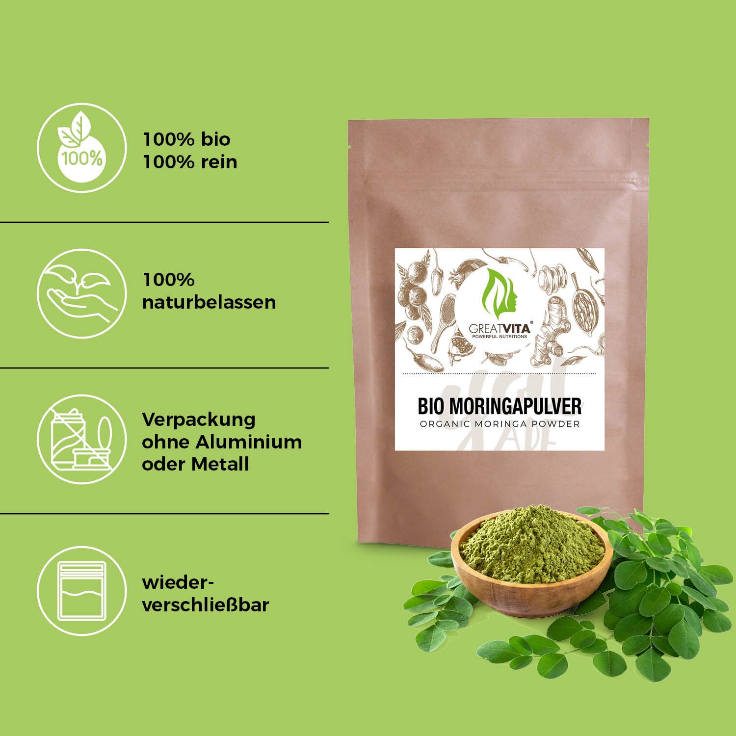 Produktverpackung mit Aufdruck "BIO MORINGAPULVER". Zusätzliche Textfelder mit Informationen, u.a. "100% bio", "100% rein".