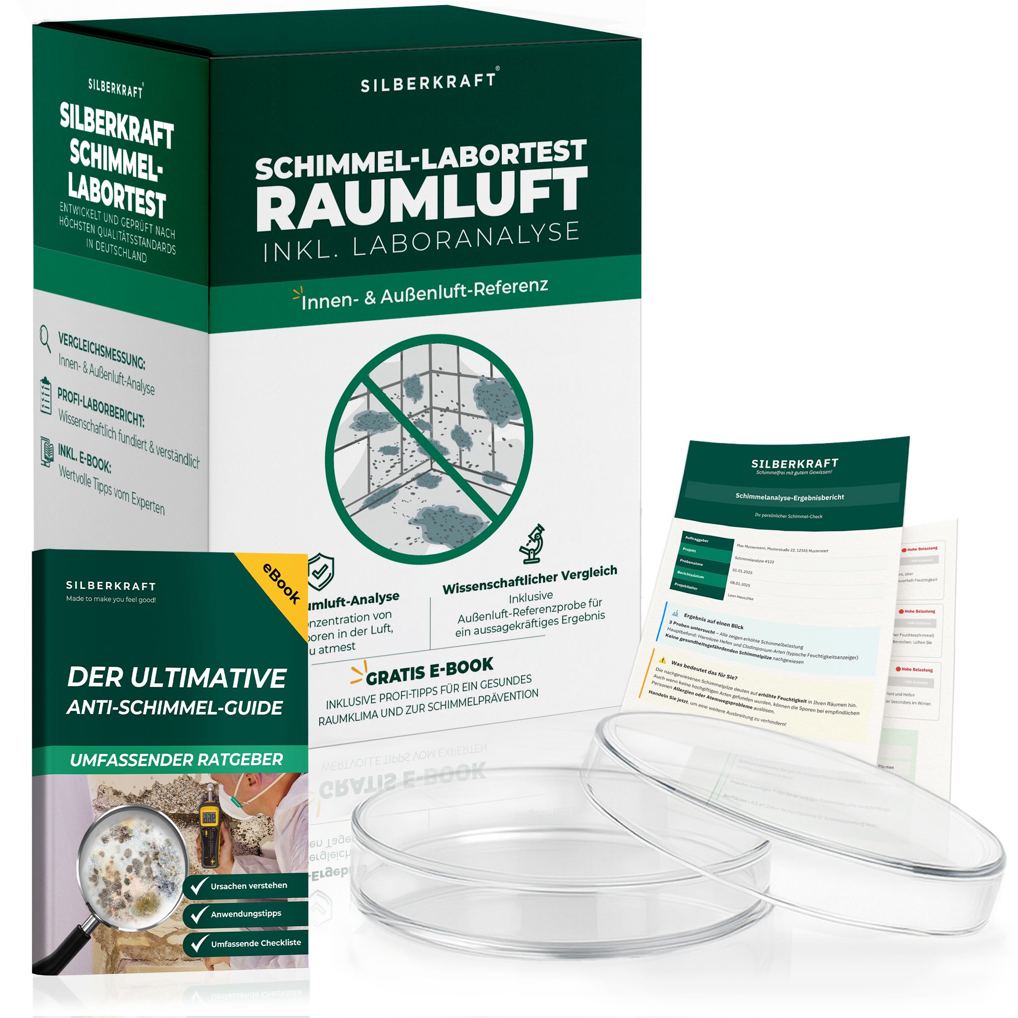 Produktverpackung und Zubehör. Box: Silberkraft Schimmeltest Raumluft. Enthält: eBook, Petrischalen, Berichte.