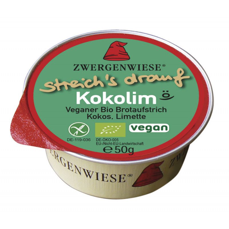 Runder Behälter mit rotem Deckel und grünem Etikett. Aufschrift: Streich's drauf Kokolim, veganer Bio Brotaufstrich. Siegel: Vegan, Bio-Siegel, 50g.