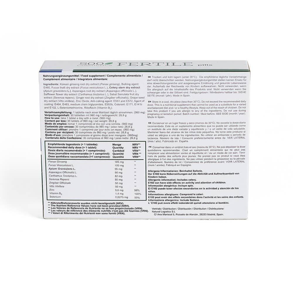 Rückseite der Schachtel "500 Cosmetics Fertile pills". Text in Deutsch, Englisch, Italienisch und Spanisch. Inhaltsstoffe und Nährwertangaben.