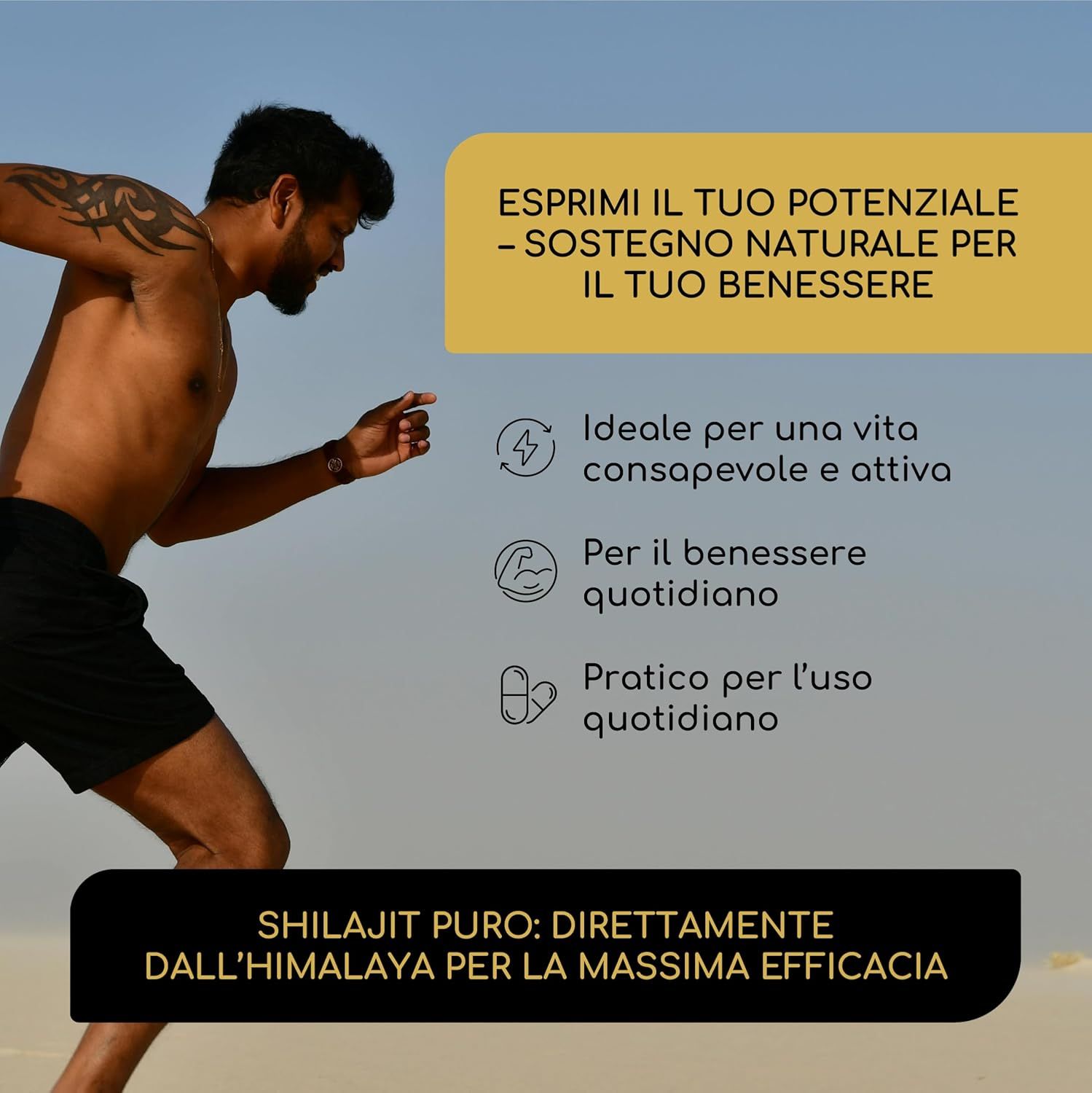 Uomo che corre. Testo: Sostegno naturale per il benessere. Ideale per una vita attiva. Pratico per l'uso quotidiano.