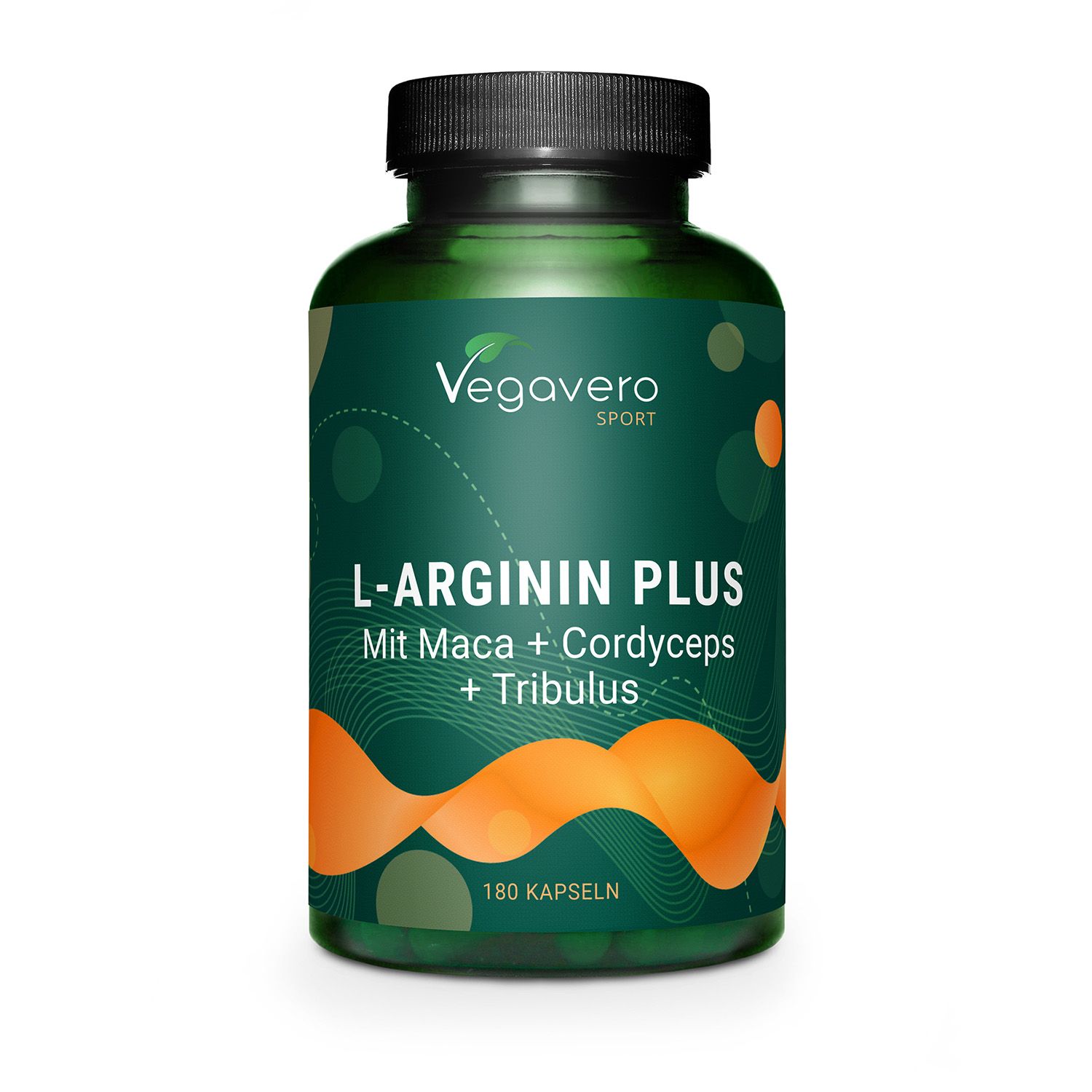 Grüne Flasche mit VEGAVERO L-Arginin Plus. Enthält Maca, Cordyceps und Tribulus. 180 Kapseln.