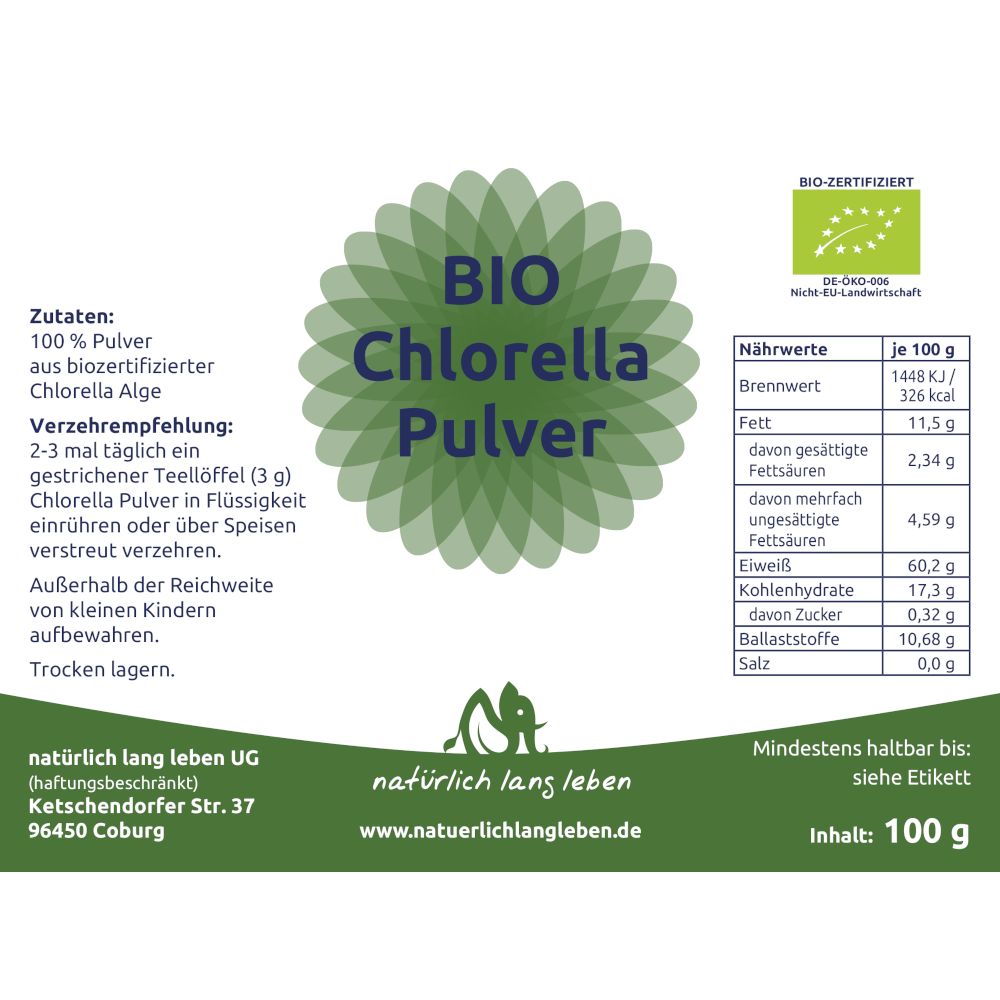 Etikett mit BIO Chlorella Pulver. Produktinformationen, Nährwerte, Zutaten und Logo. Bio-Zertifizierung.