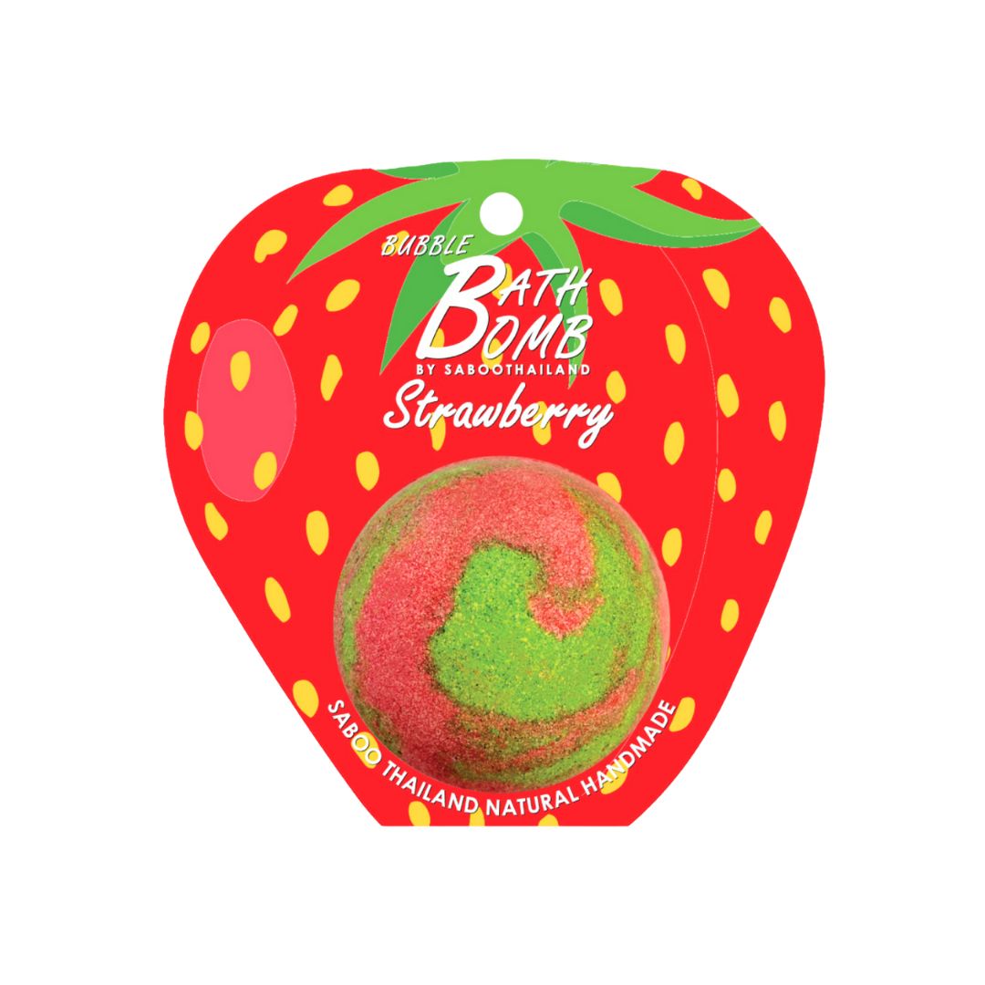 Erdbeer-Badewannenbombe in Erdbeer-Form-Verpackung. Rote Verpackung mit grüner und roter Badewannenbombe.