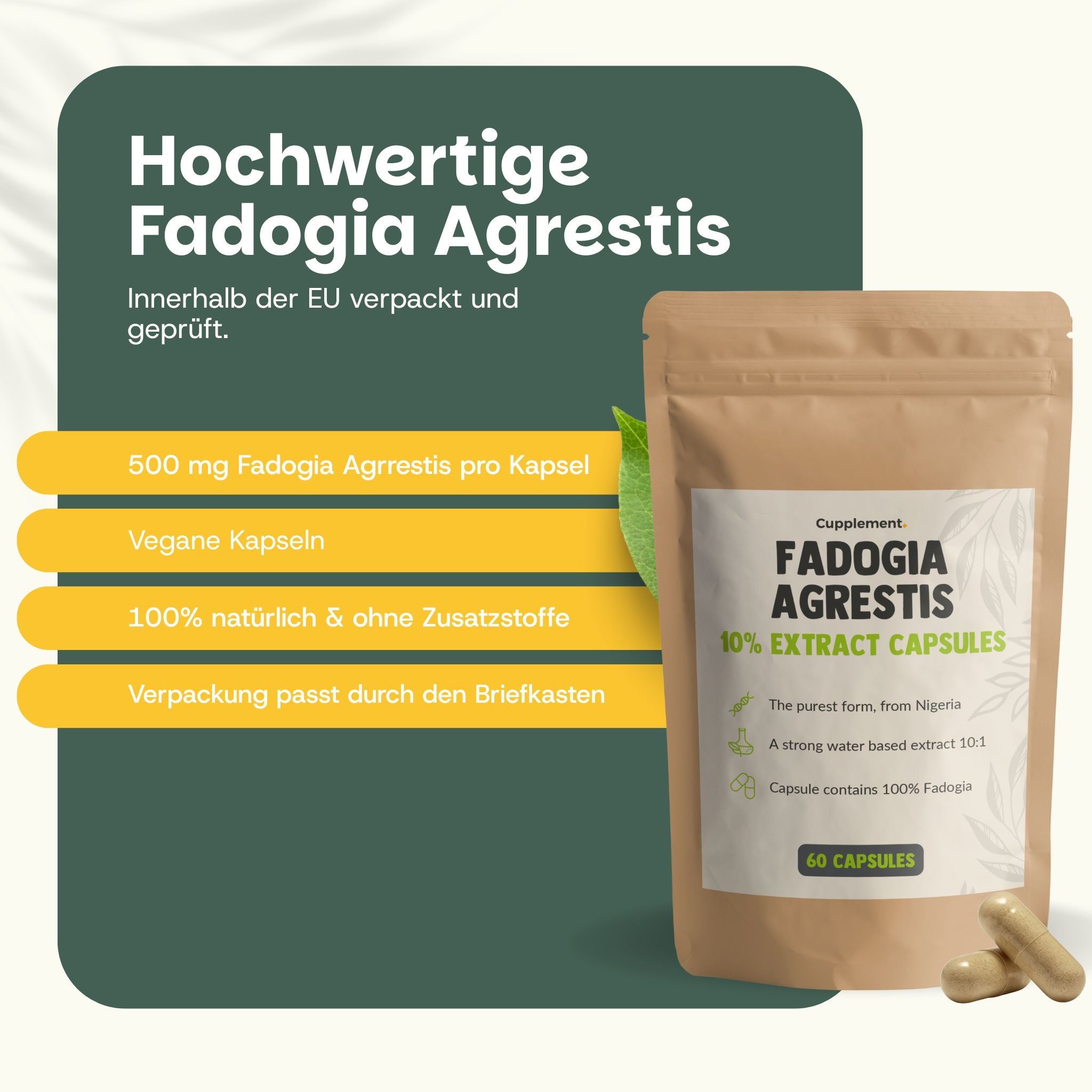Beutel mit 60 Kapseln. Aufschrift: Fadogia Agrestis 10% Extract Capsules. 500 mg pro Kapsel.