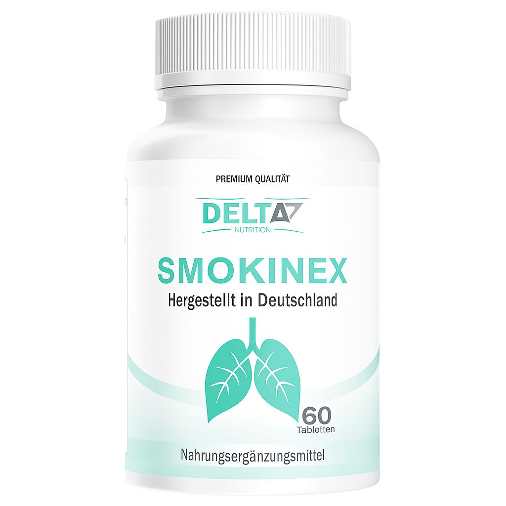 Weiße Tablettenflasche mit grünem Etikett. Aufschrift: SMOKINEX, Delta 7 Nutrition, 60 Tabletten. Abbildung von Lungen.