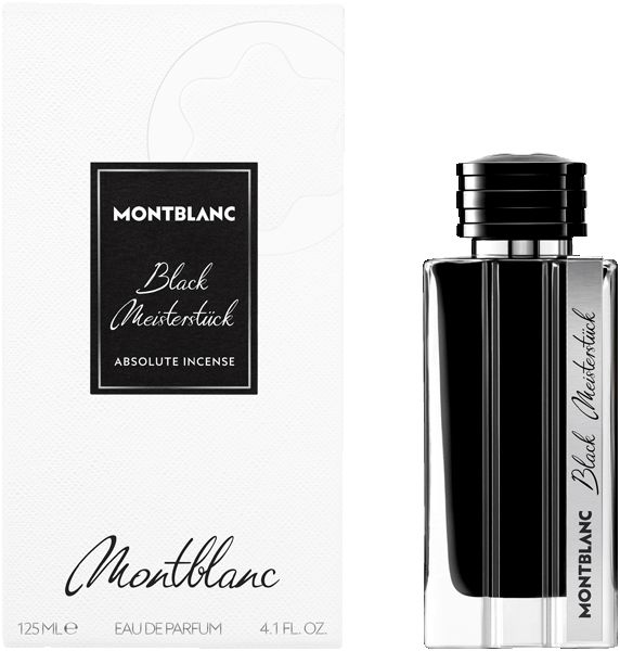 Weißer Karton und schwarzer Flakon. Aufschrift: Montblanc Black Meisterstück Absolute Incense. Flakon mit schwarzem Verschluss.