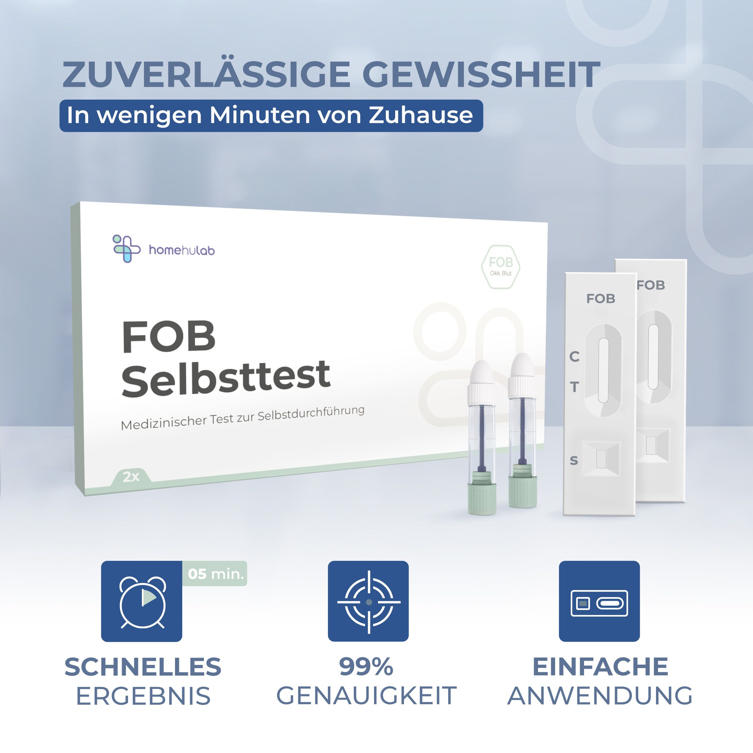 FOB Selbsttest-Packung. 2 Tests, Probenröhrchen, Teststreifen. Logo homehulab. Schnelles Ergebnis.