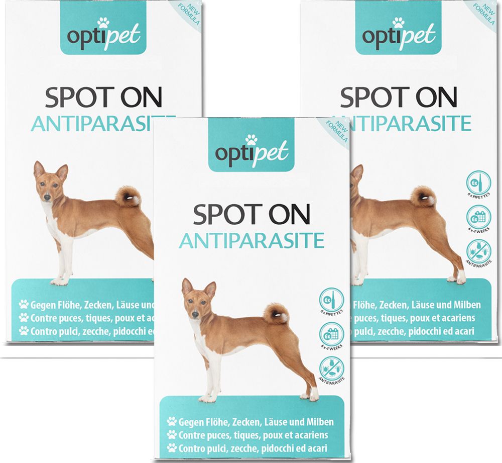 Drei Packungen OptiPet Spot On Antiparasit. Auf jeder Packung ist ein Hund abgebildet. Text: Gegen Flöhe, Zecken, Läuse und Milben.