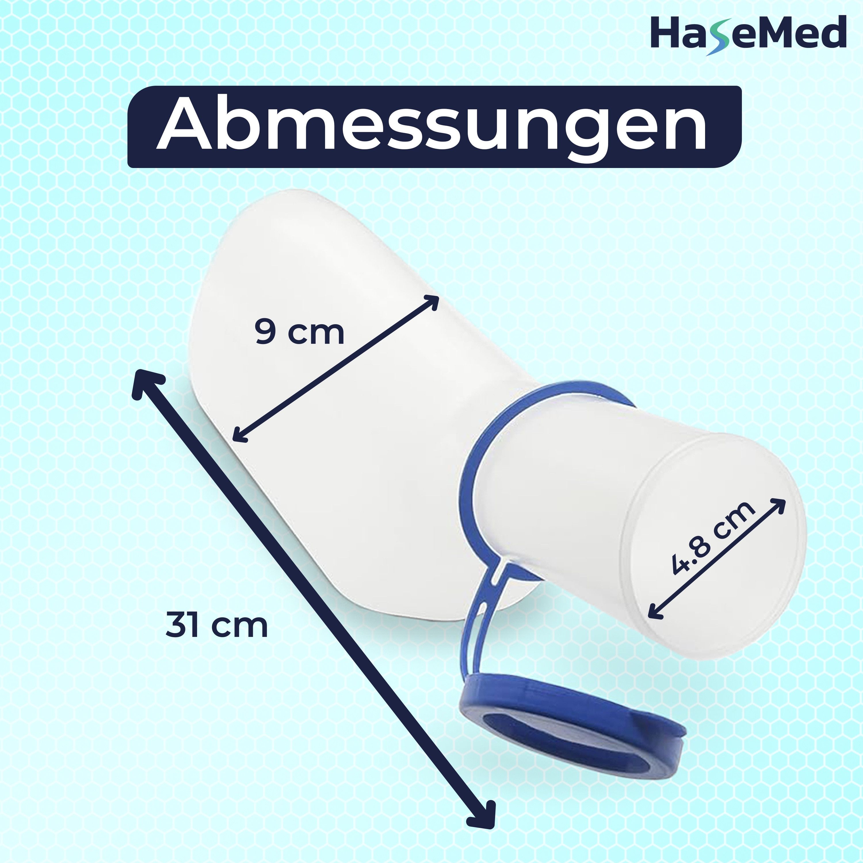 Urinflasche mit blauen Deckel und Griff. Abmessungen: 31 cm lang, 9 cm breit, 4,8 cm Durchmesser. Marke: HaseMed.